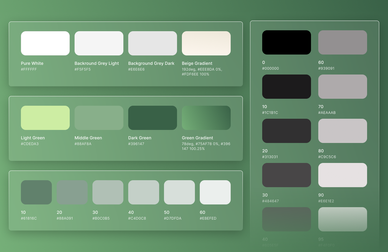 Green-based color system showing primary greens, neutral greys, gradients, and full shade scale with hex codes for the climbing app brand.