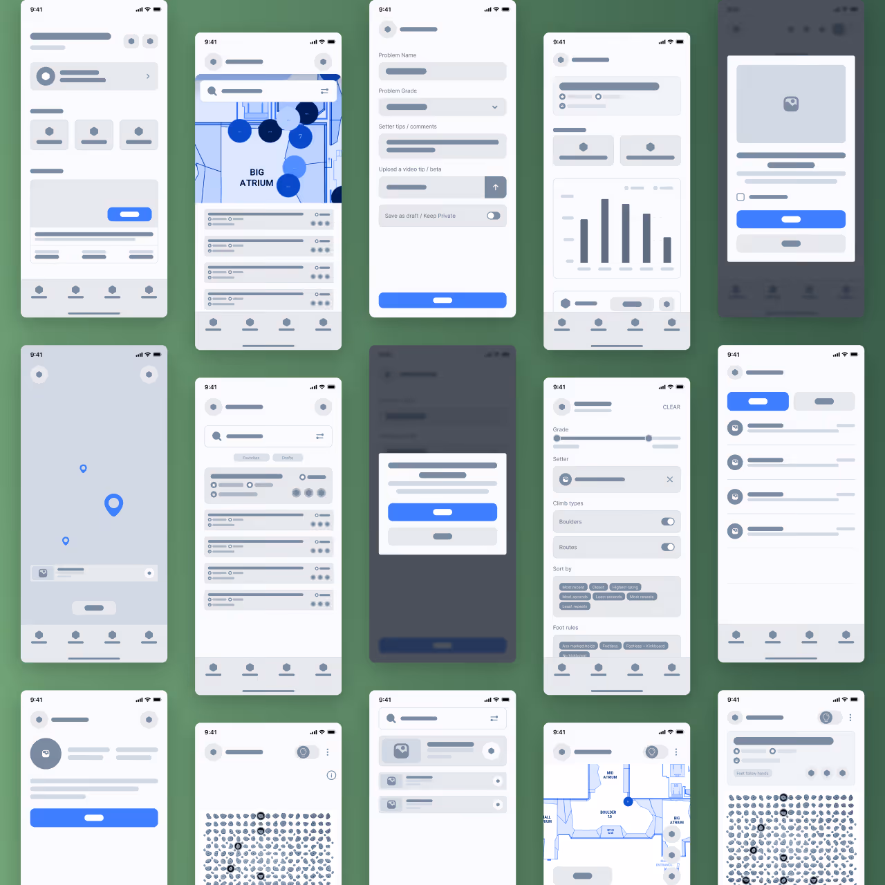 Collection of low-fidelity mobile wireframes for a climbing gym app showing map screens, route lists, filters, forms, modals, and navigation flows.