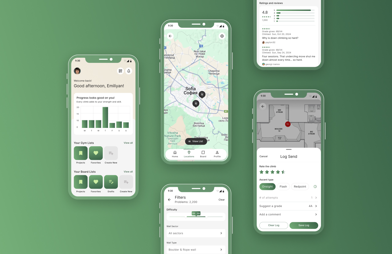 Mobile app screens for a climbing gym app showing home dashboard, city map with gym locations, filters panel, route ratings, and log send flow.