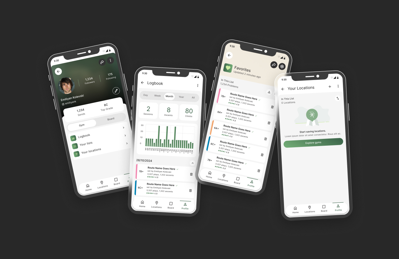 Climbing app profile, logbook analytics, favorites list, and saved locations screens displayed on angled mobile mockups.