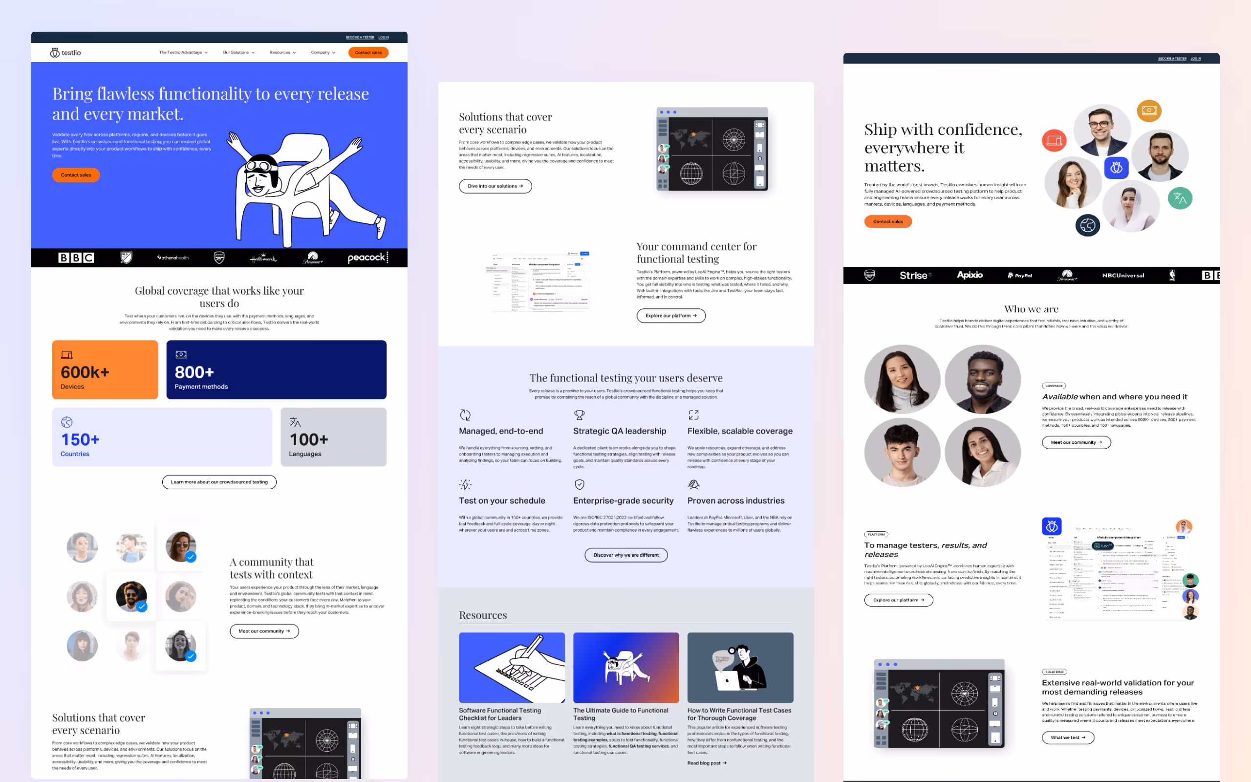 Desktop screenshots of various pages from the Testlio website