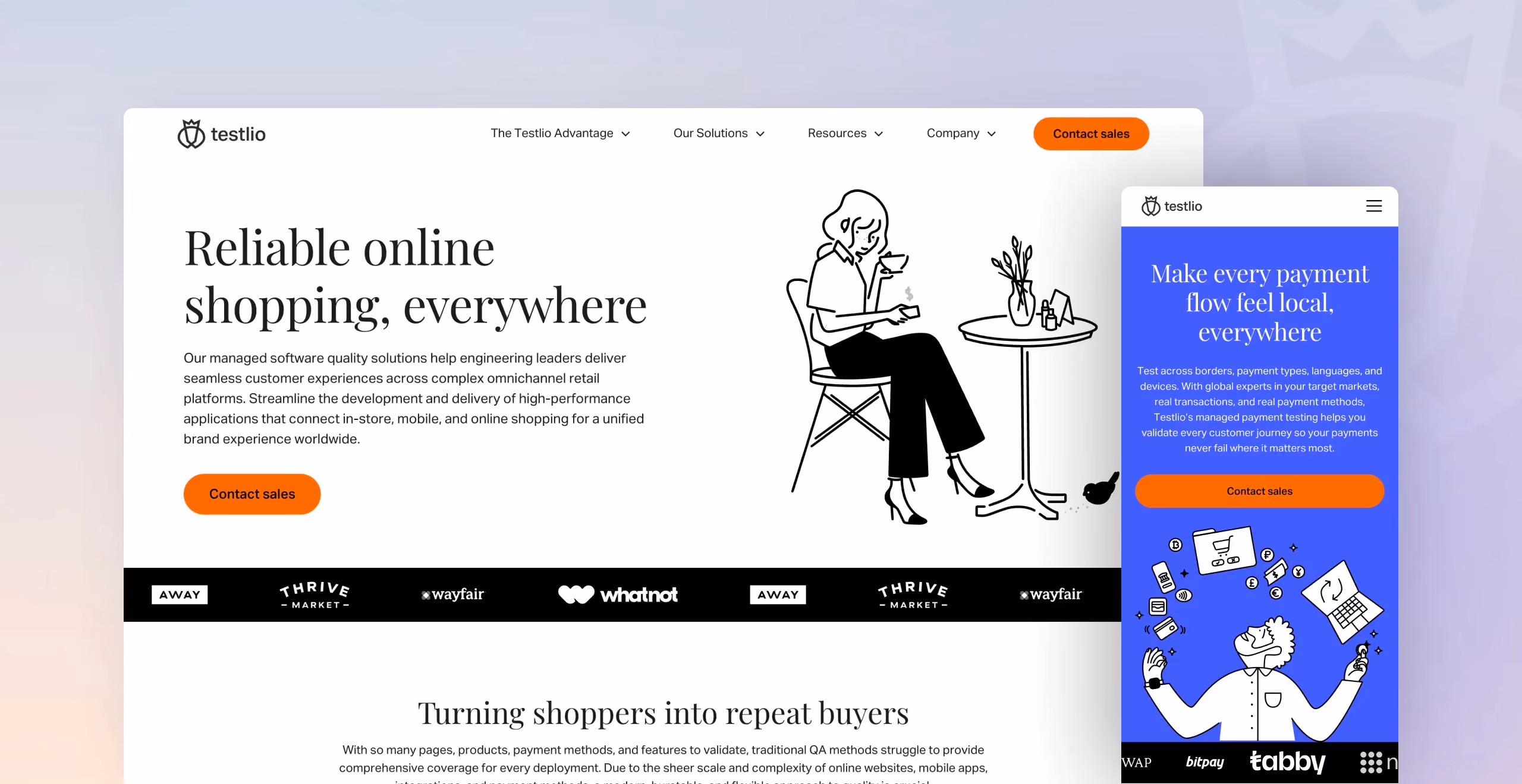 Screenshots of desktop and mobile sections from the Testlio website