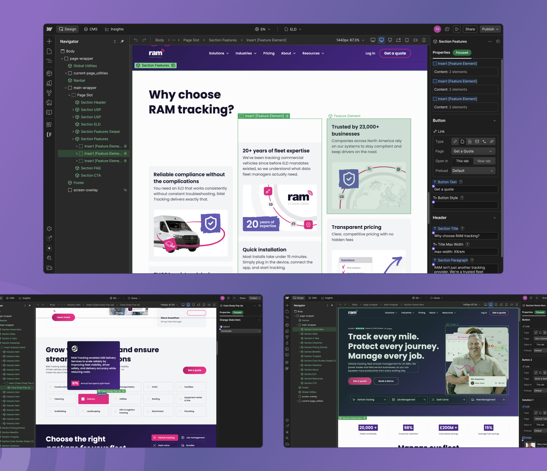 Screenshot of the RAM Tracking website being developed in Webflow
