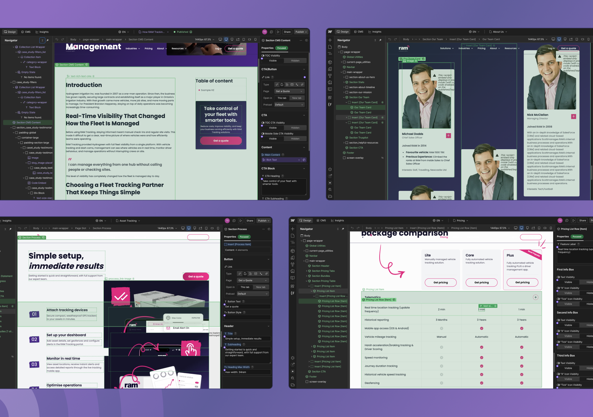 Screenshot of the RAM Tracking website being developed in Webflow