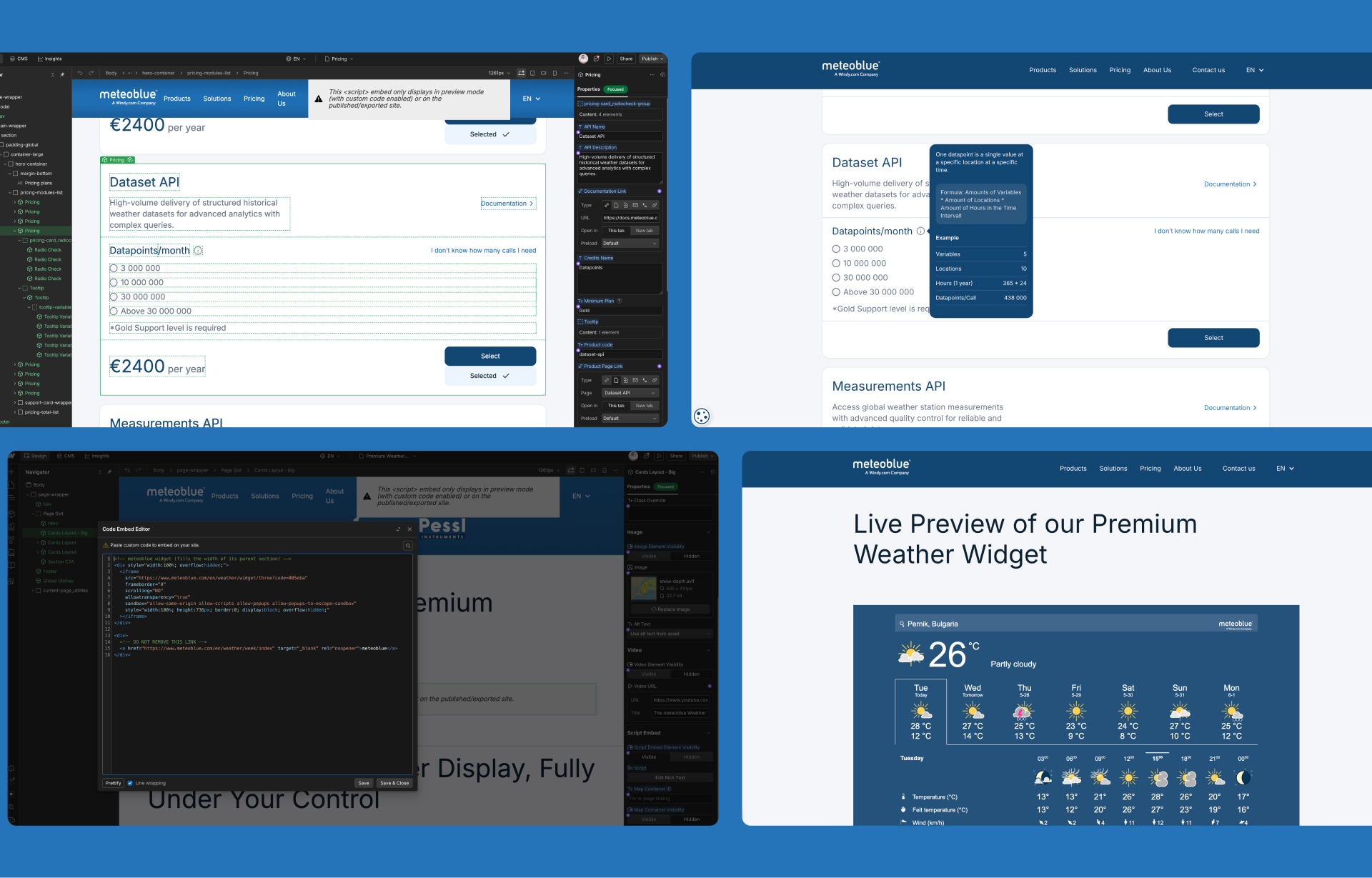 Screenshots of the meteoblue website being developed in Webflow.