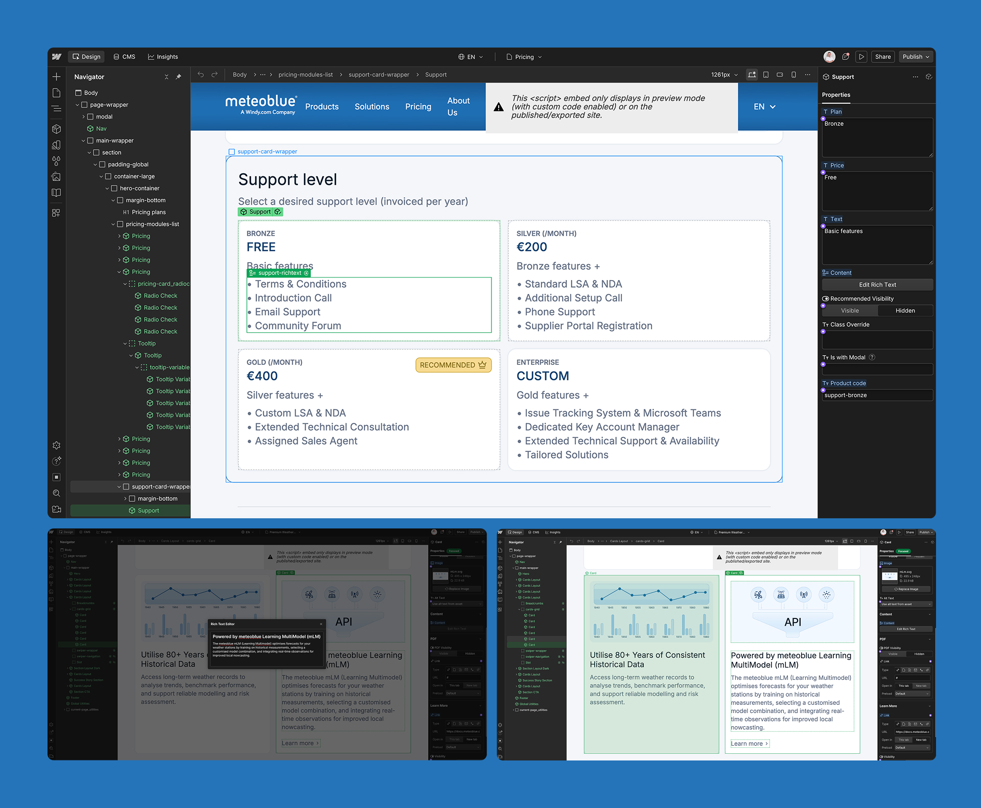 Screenshots of the meteoblue website being developed in Webflow.