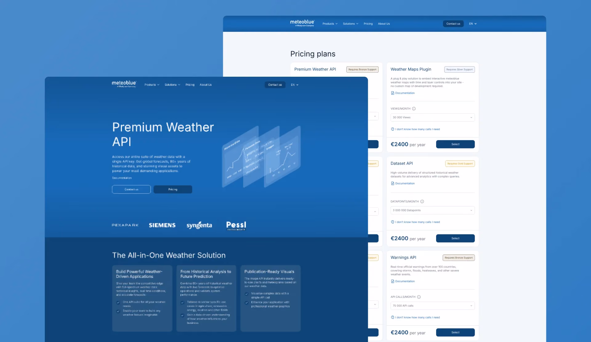 Desktop screenshots of various pages from the meteoblue website.