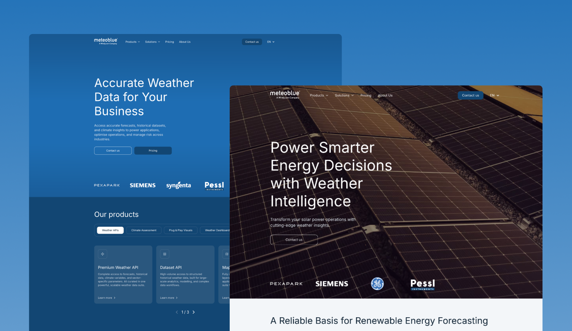 Desktop screenshots of various pages from the meteoblue website.