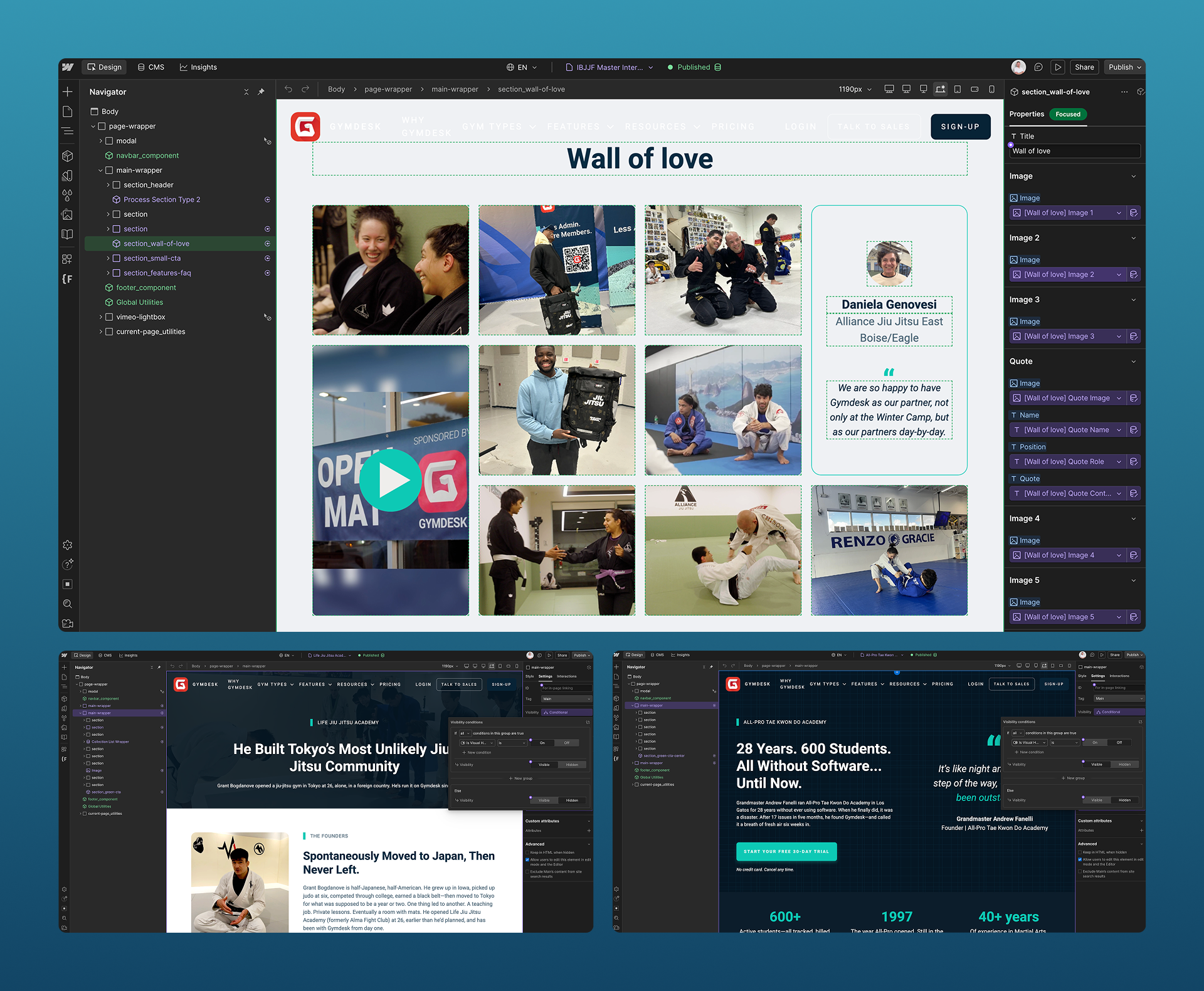 Screenshot of the Gymdesk website being developed in Webflow