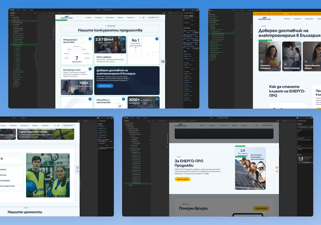 Webflow Designer building the ENERGO-PRO competitive advantages bento grid, careers values section, and sales division page