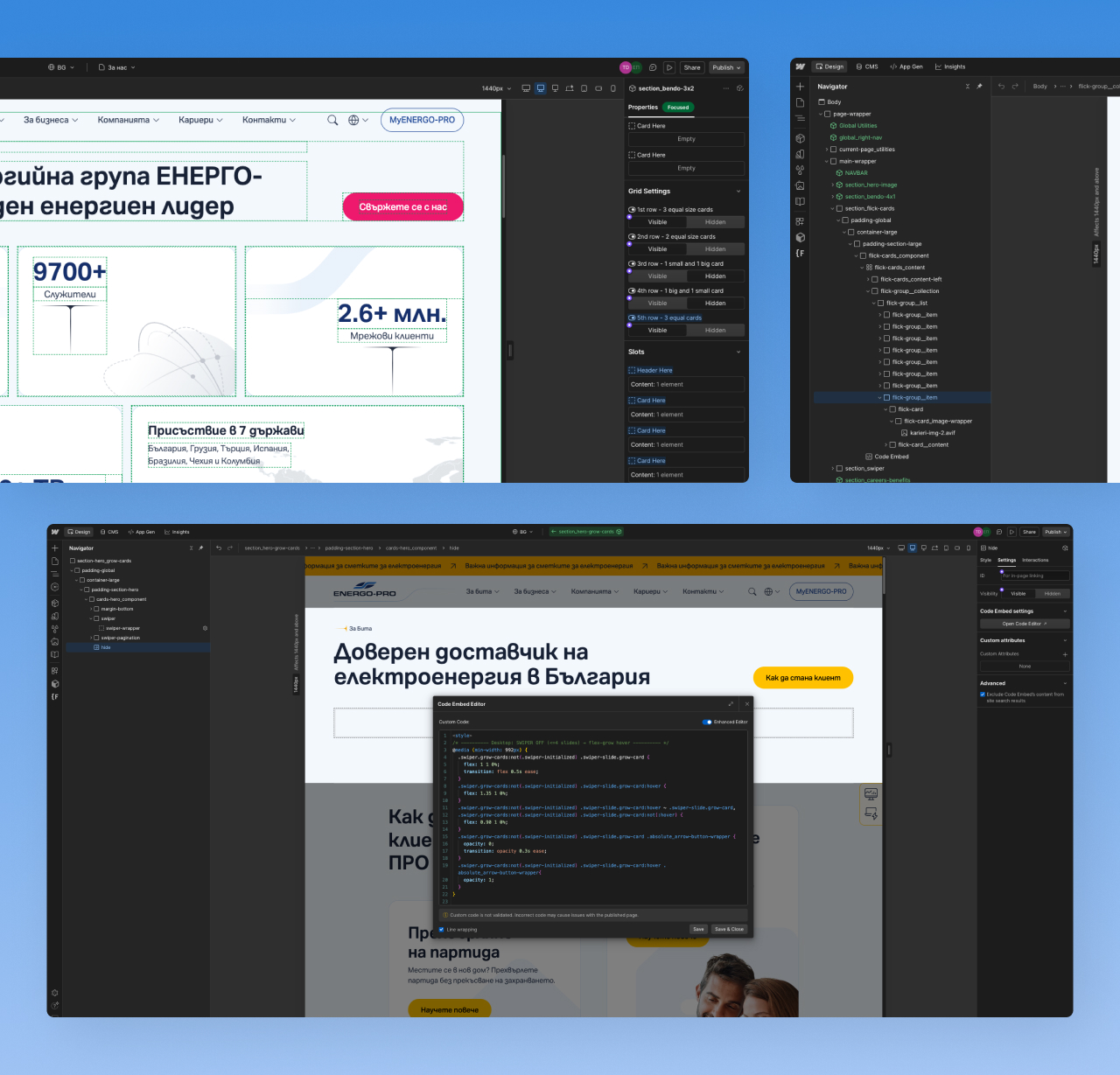 Webflow Designer views of the ENERGO-PRO build: bento grid settings, the card component structure, and a custom code embed for the slider