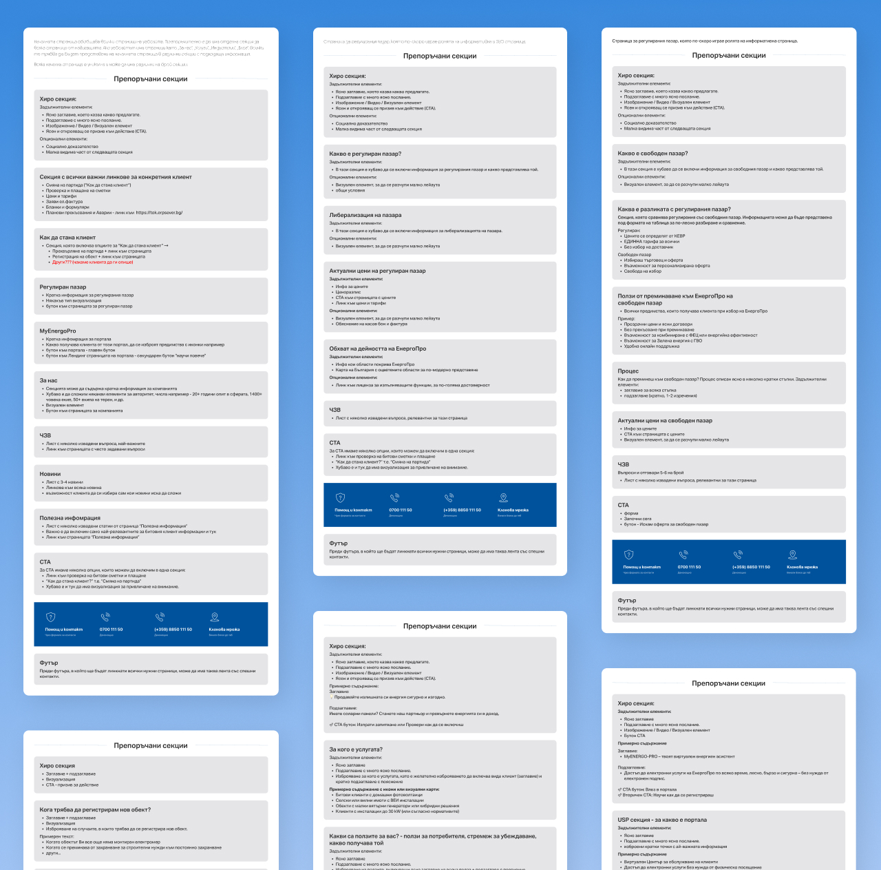 ENERGO-PRO content blueprints specifying the required and optional sections for each page, from hero through FAQ to the contact bar