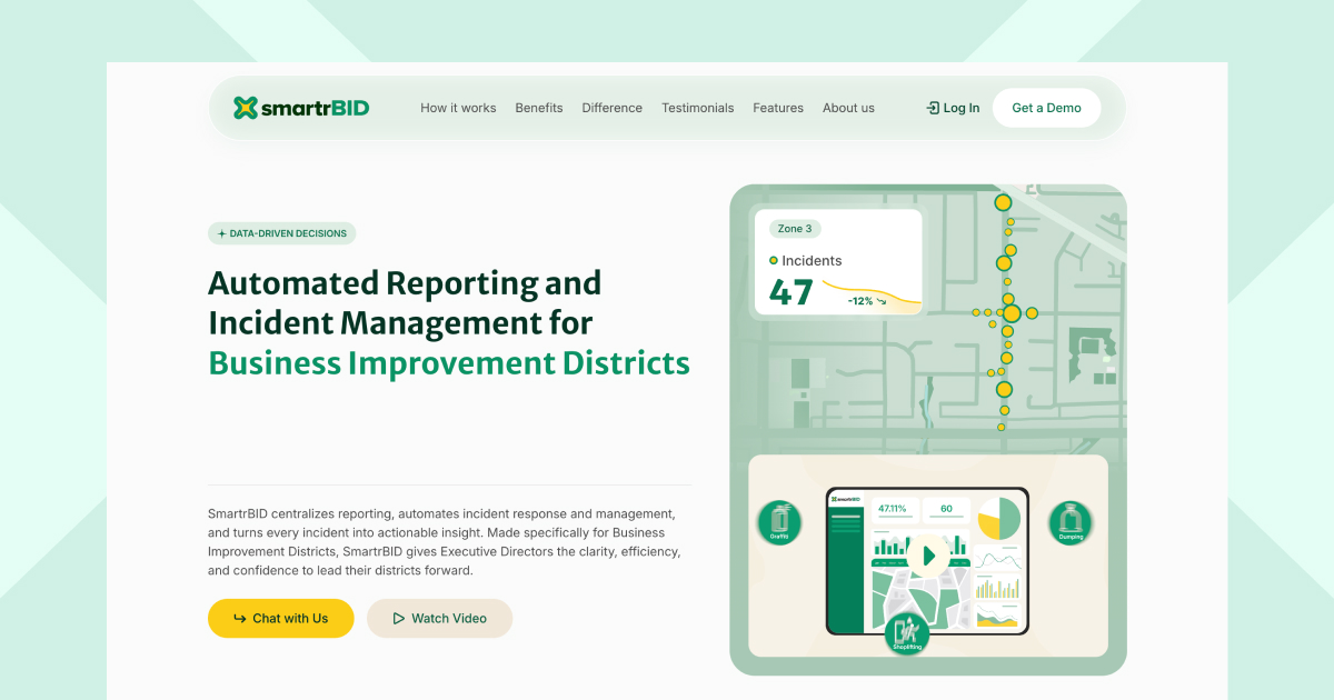 SmartrBID's Webflow homepage: Automated Reporting and Incident Management for Business Improvement Districts, with a district incident map and dashboard