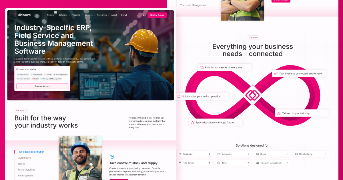 Klipboard's Webflow homepage with the Industry-Specific ERP and Field Service hero, a sector selector and the pink infinity graphic for connected operations