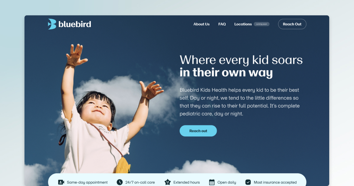 Bluebird Kids Health's Webflow homepage: a child reaching upward against the sky beside the headline Where every kid soars in their own way