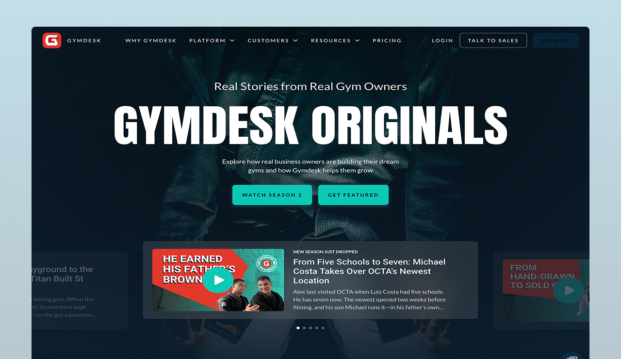 Gymdesk on Webflow: the Gymdesk Originals video hub featuring real gym owner stories with a carousel of episodes