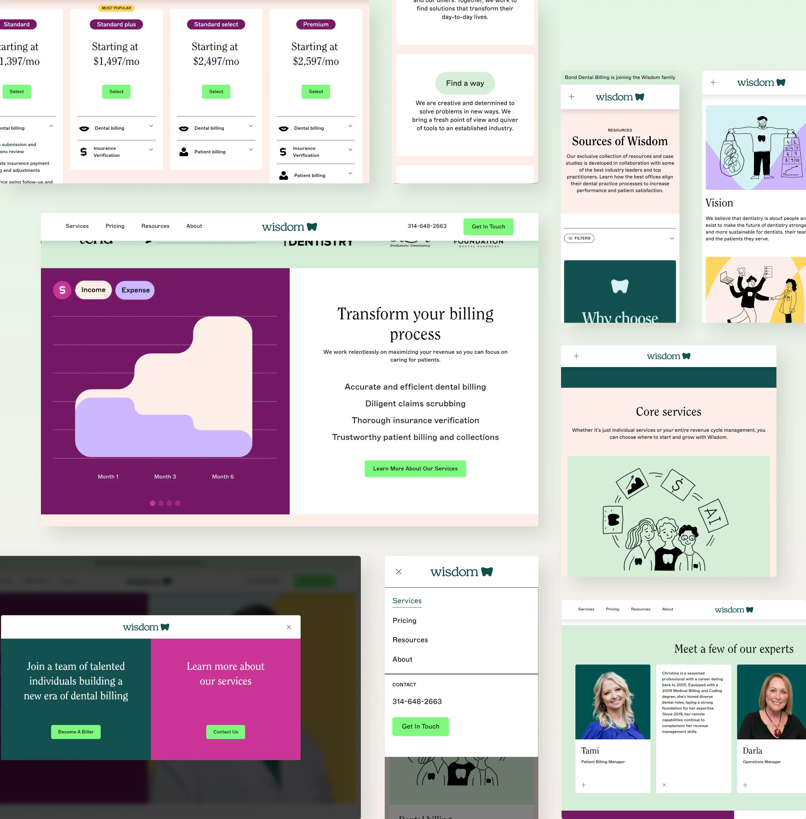 Collage of Wisdom dental billing site sections including pricing tiers, the billing chart homepage and team profiles