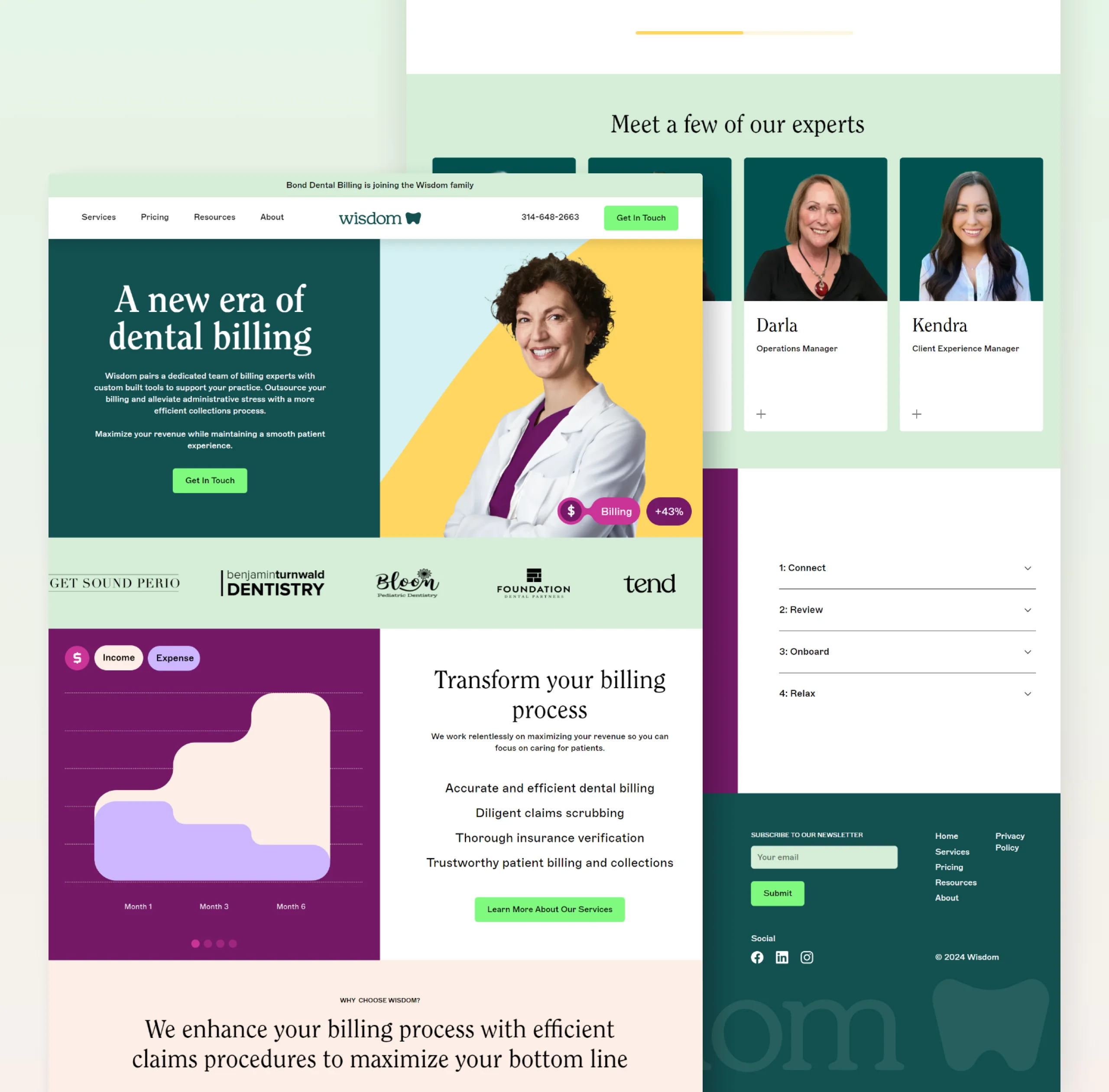 Wisdom homepage design with the A new era of dental billing hero, a client logo row and an expandable process list