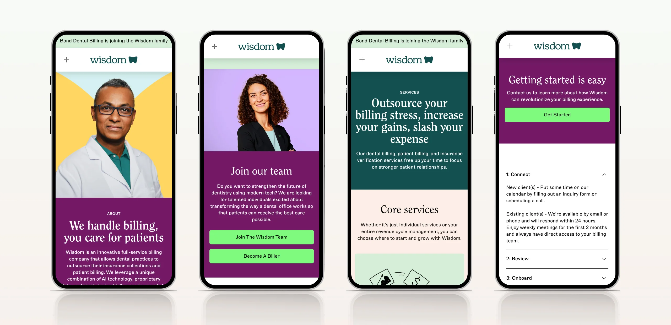 Four Wisdom mobile screens covering the about page, careers, core services and a getting started accordion