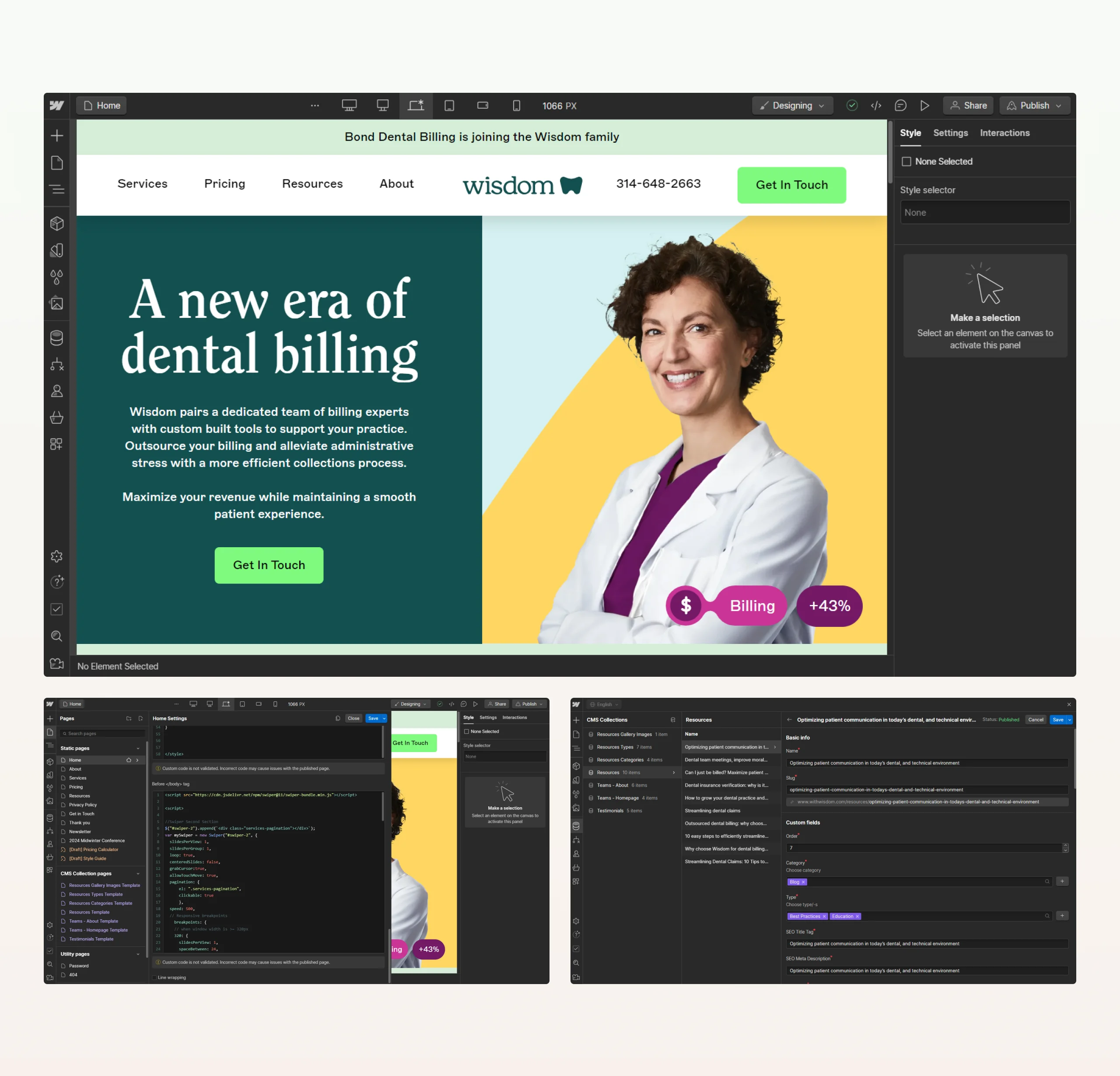 Webflow Designer with the Wisdom homepage on canvas, alongside custom code settings and the CMS collections editor