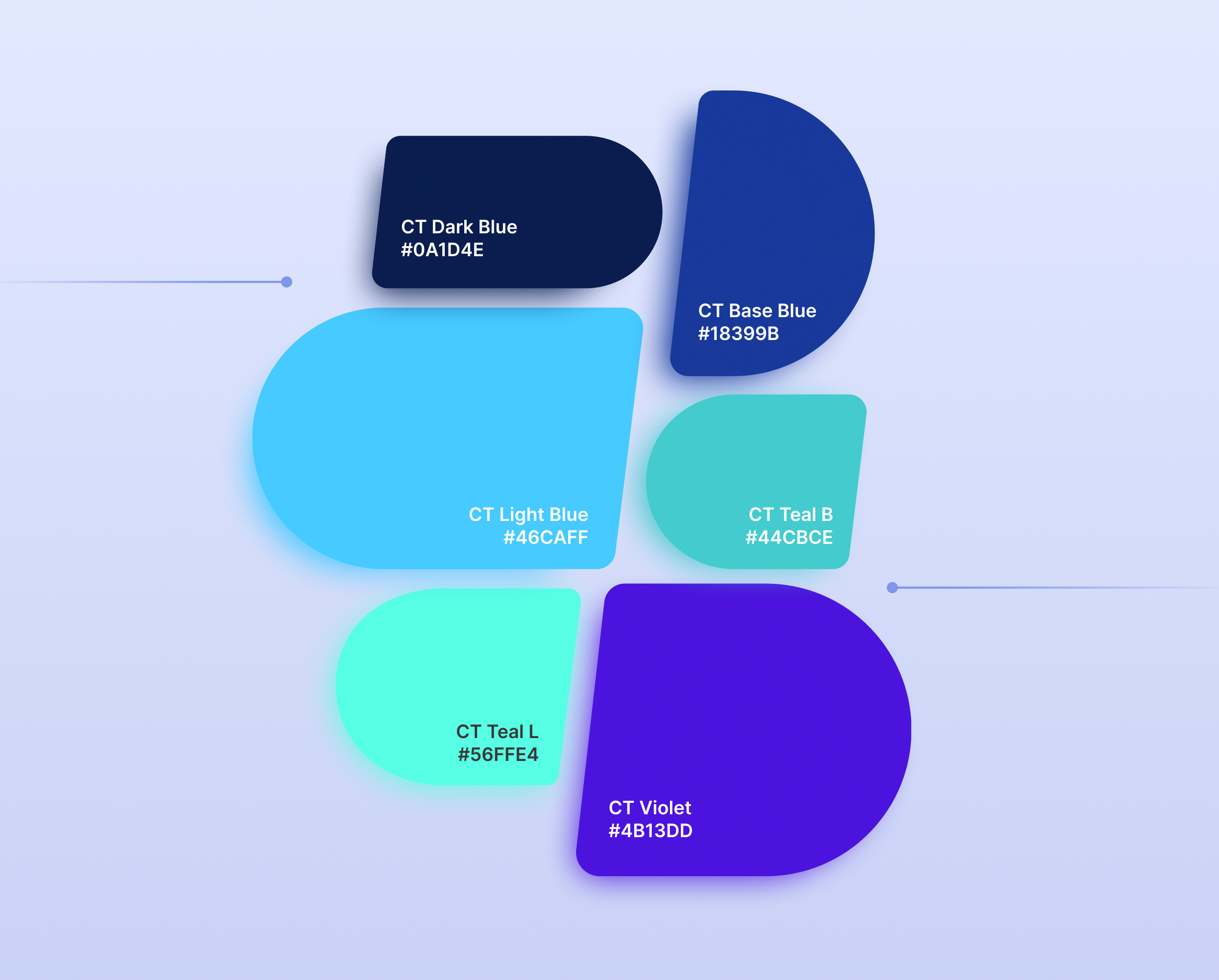 Customertimes brand colour palette as rounded petal shapes labelled dark blue, light blue, teal and violet with hex codes