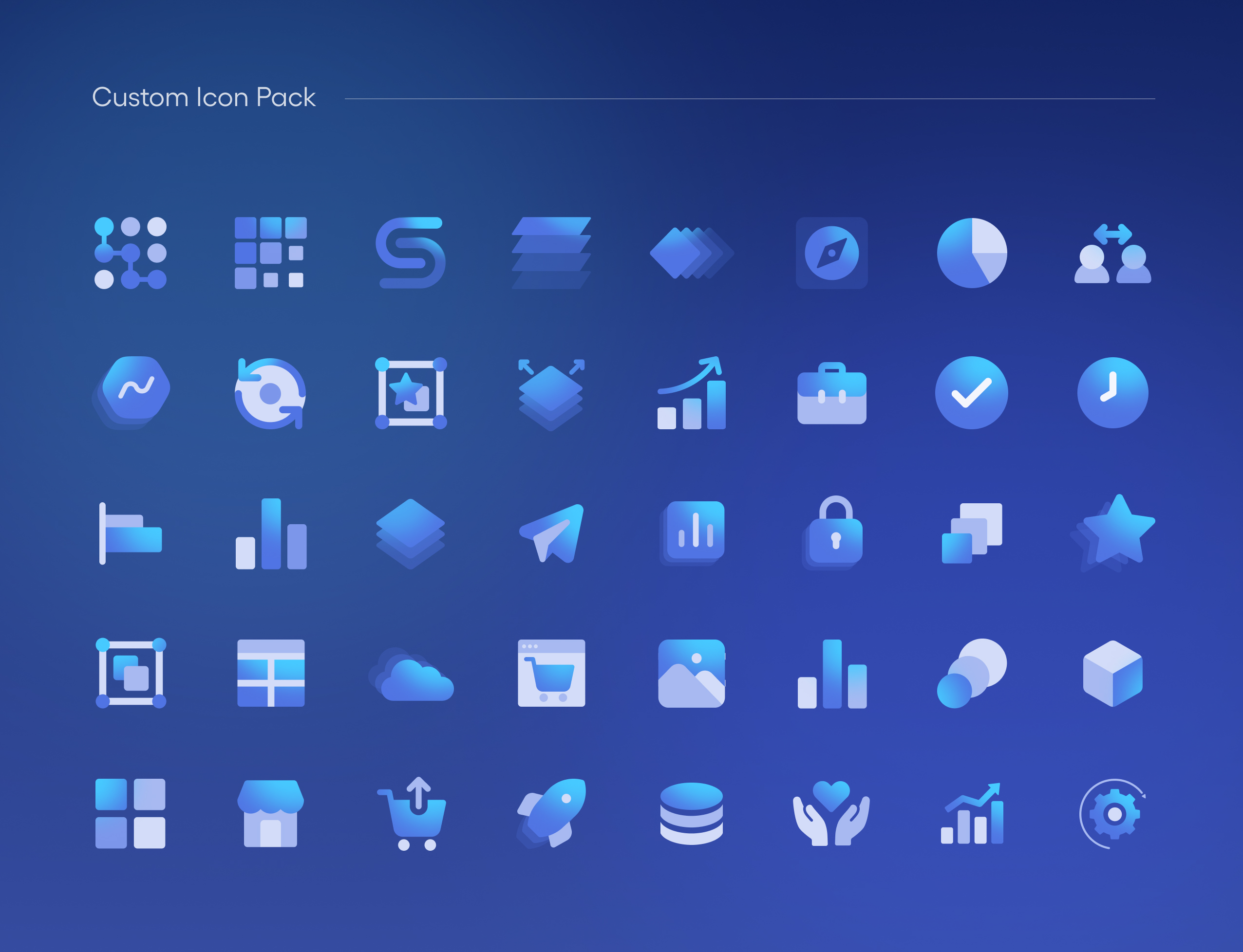 Customertimes custom icon pack: rows of blue gradient icons for charts, layers, cloud, cart and team on a dark background