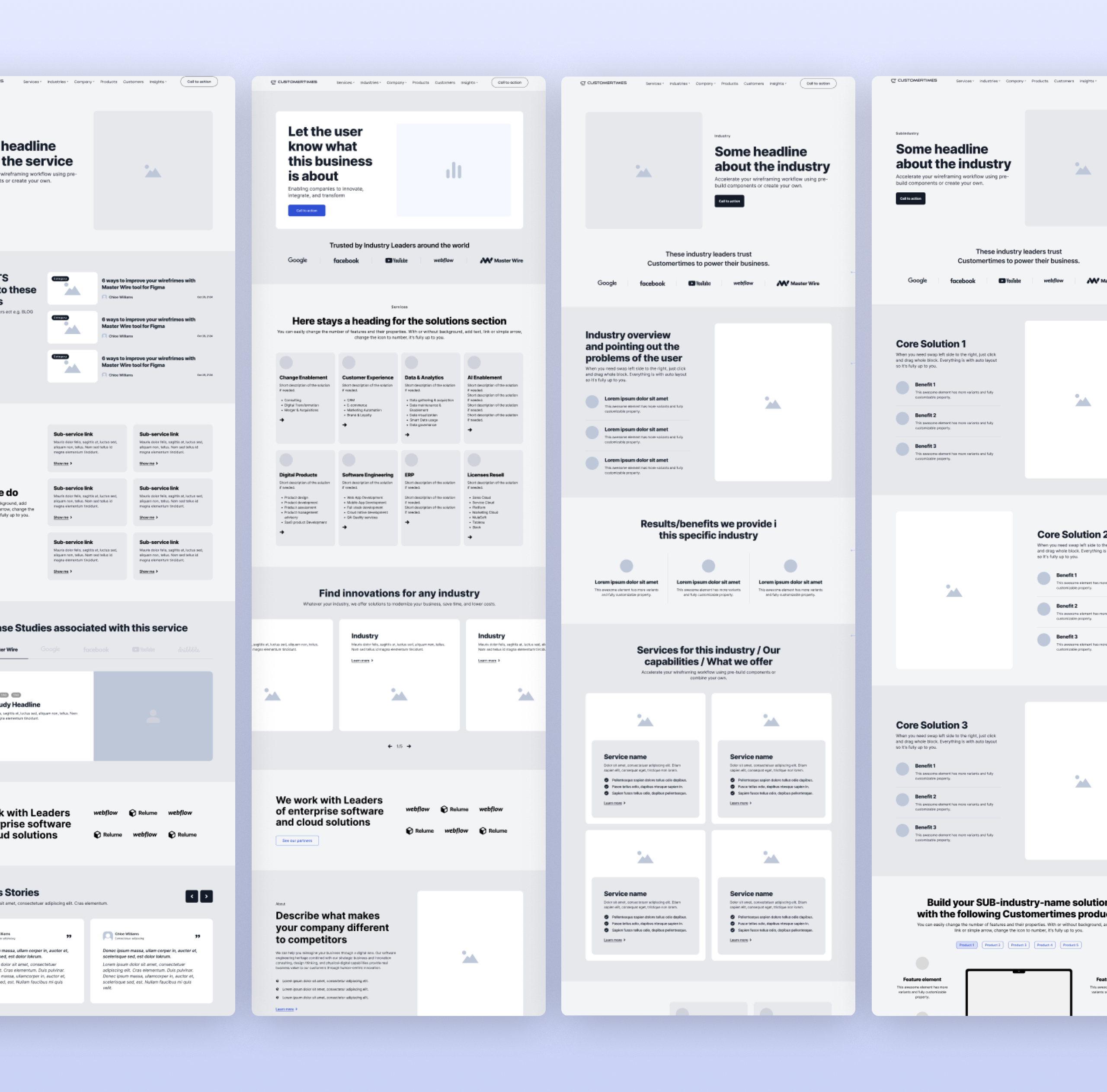 Four low-fidelity Customertimes wireframes for service and industry pages, with placeholder headings, cards and logo strips