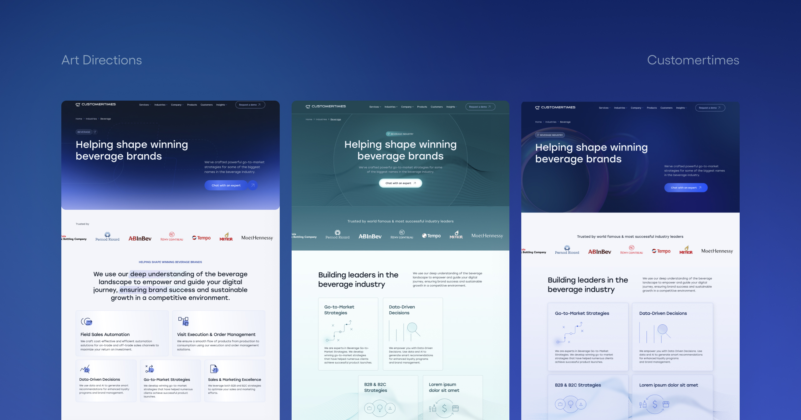Three art direction options for the Customertimes beverage industry page in blue, teal and violet colour treatments