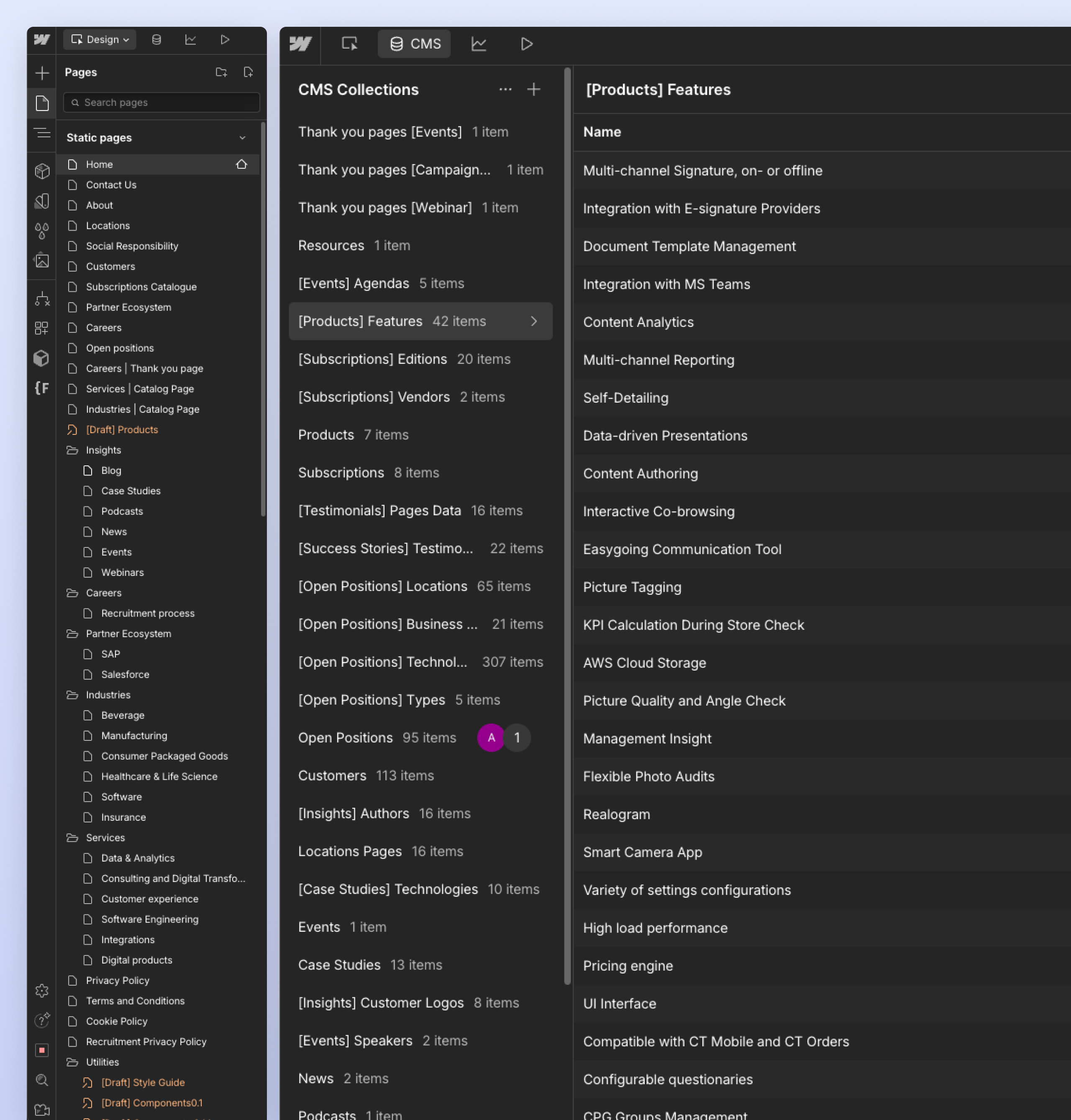 Webflow Designer for Customertimes showing the Pages panel beside the CMS Collections list and a features collection