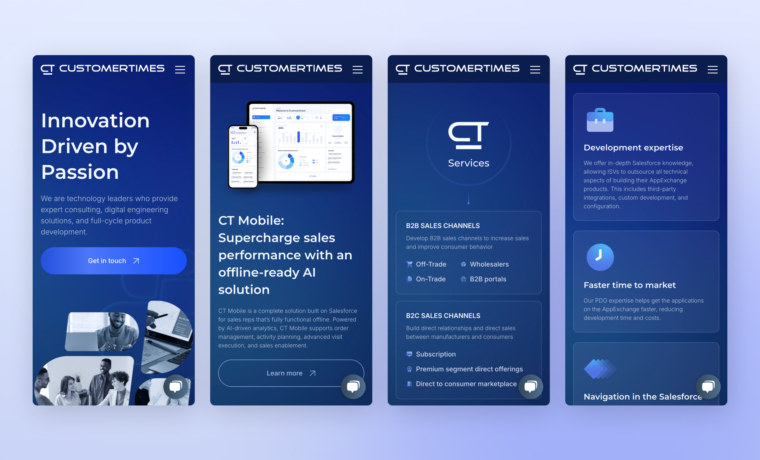 Four Customertimes mobile screens: the homepage hero, CT Mobile product page, services diagram and expertise cards