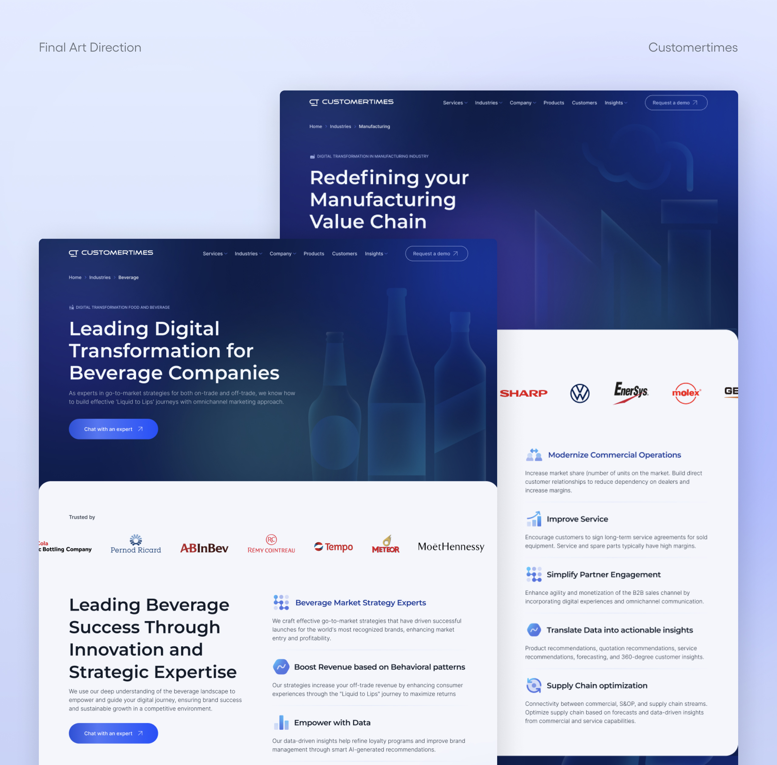 Final Customertimes art direction with overlapping beverage and manufacturing industry pages in deep blue and client logos