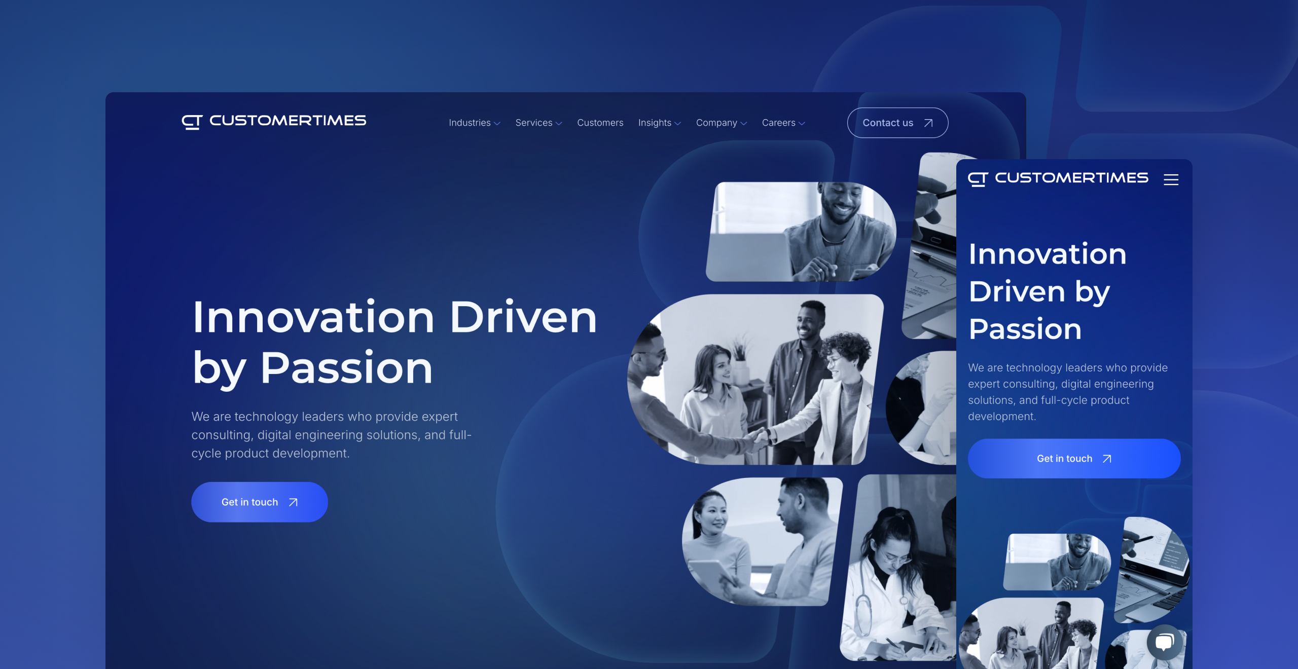 Customertimes homepage hero shown as desktop and mobile mockups with the Innovation Driven by Passion headline