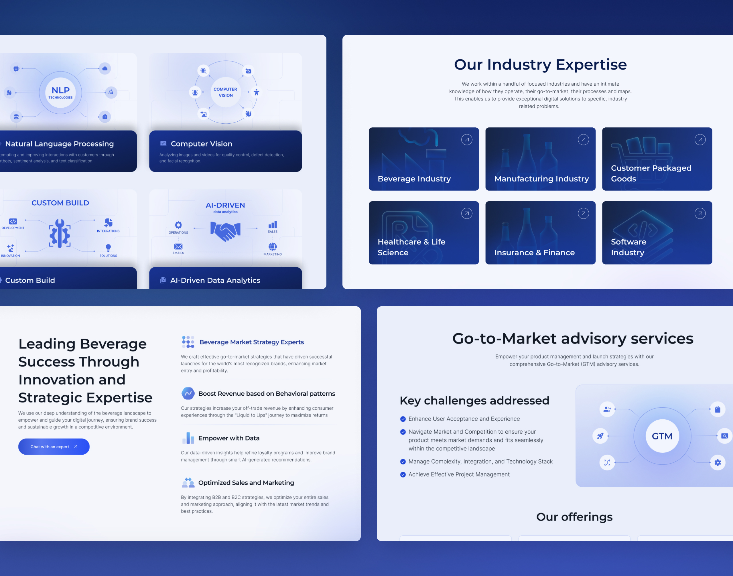 Four light Customertimes UI sections covering AI technology cards, an industry expertise grid and go-to-market advisory services