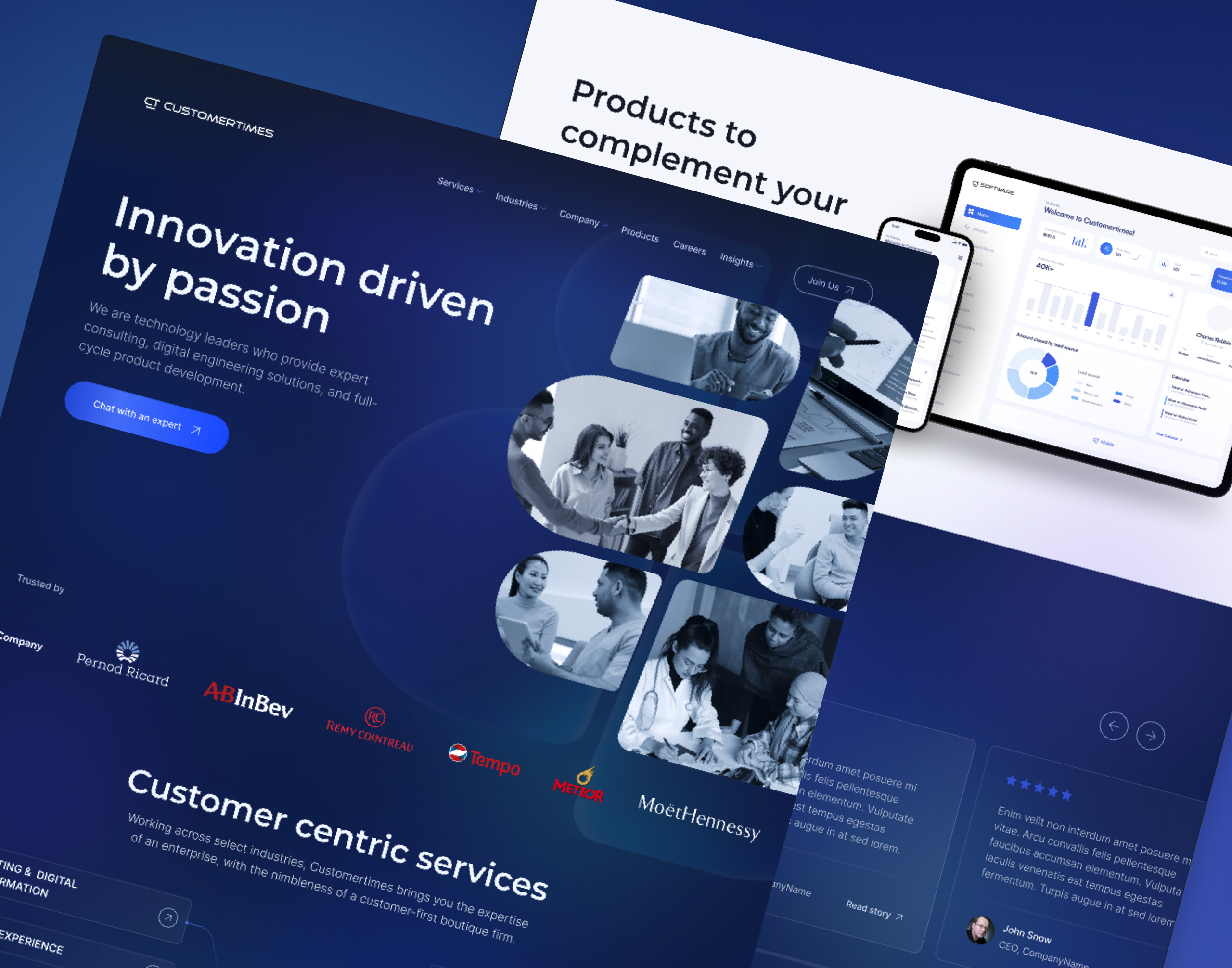 Angled Customertimes homepage hero with a client logo strip beside product dashboard screens on tablet and phone