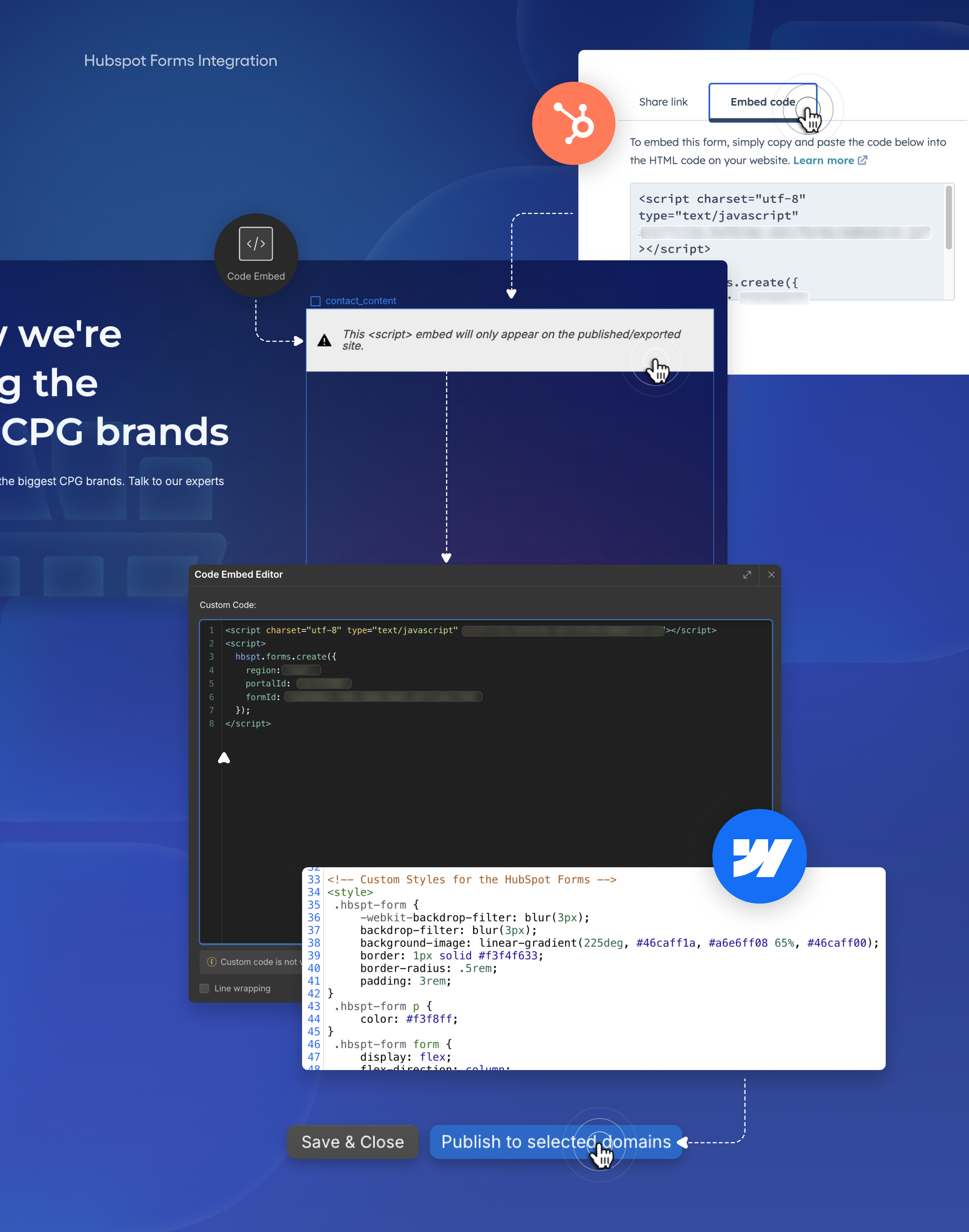 HubSpot forms integration for Customertimes, mapping the embed code into a Webflow code embed editor with custom styles