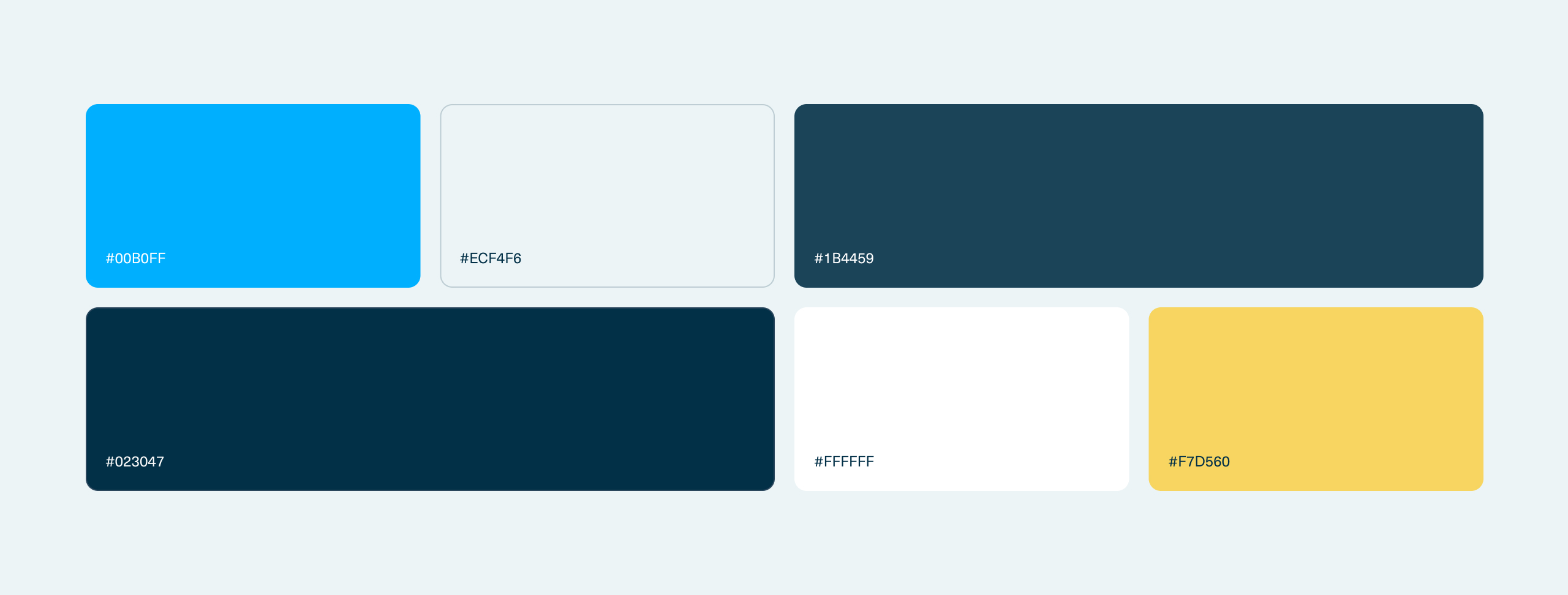 Proof Nutrition colour palette of six swatches in cyan, pale grey, navy, white and yellow with hex values