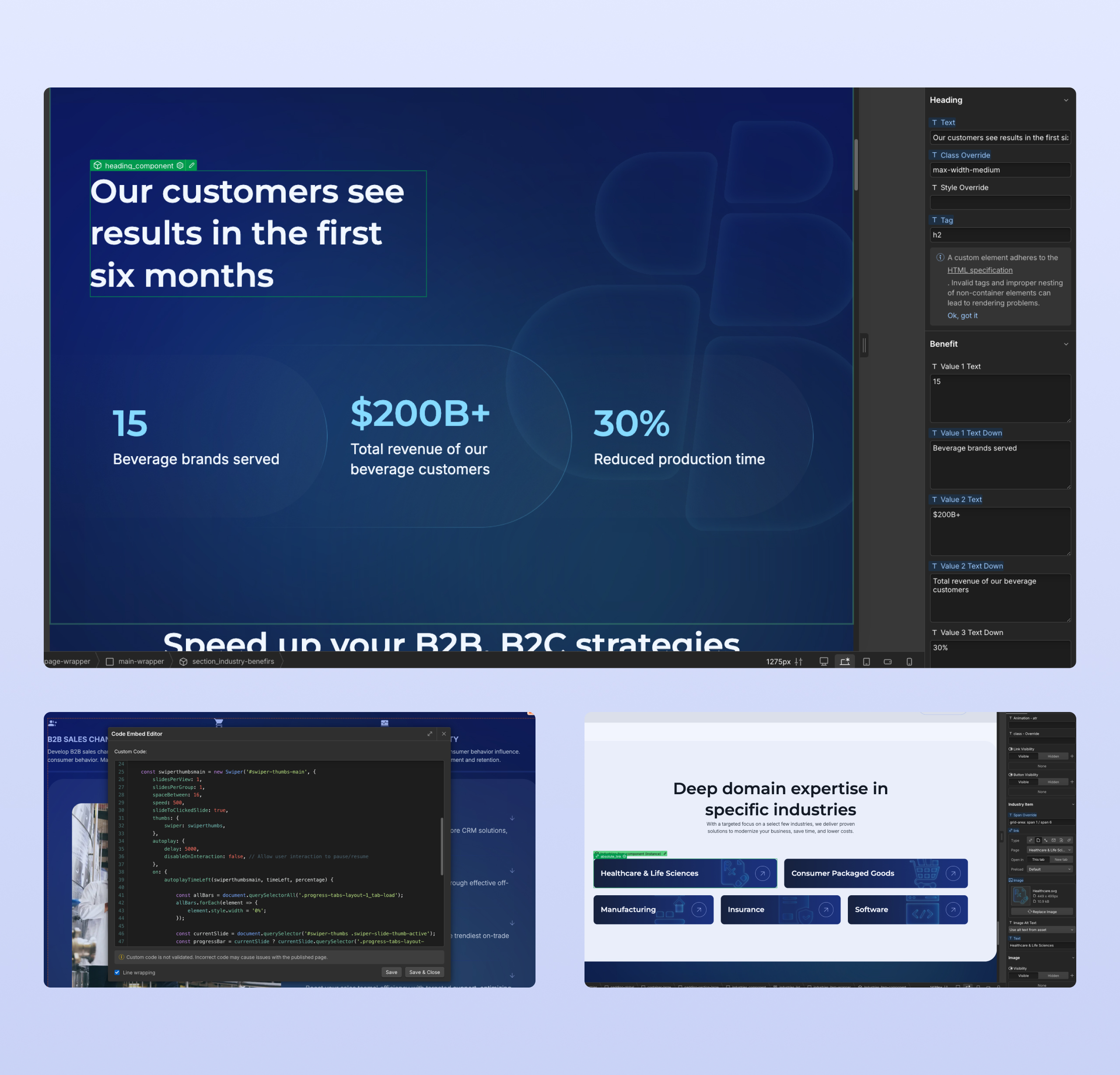 Customertimes site in the Webflow Designer with a heading component selected, its settings panel and the code embed editor