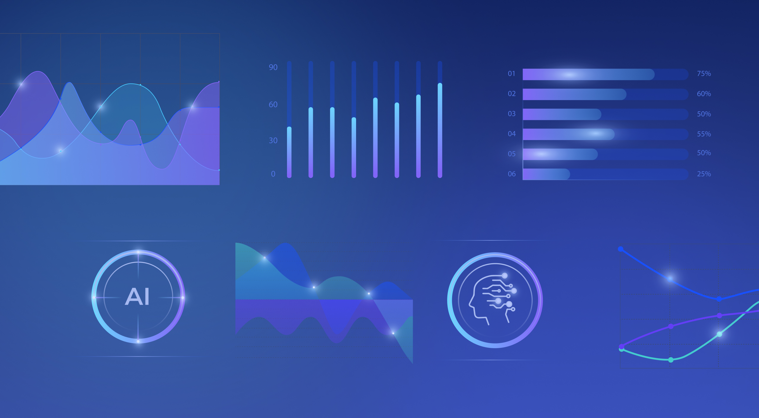 Customertimes data visualisation assets: area and line charts, bar and progress graphs and AI badge icons on dark blue