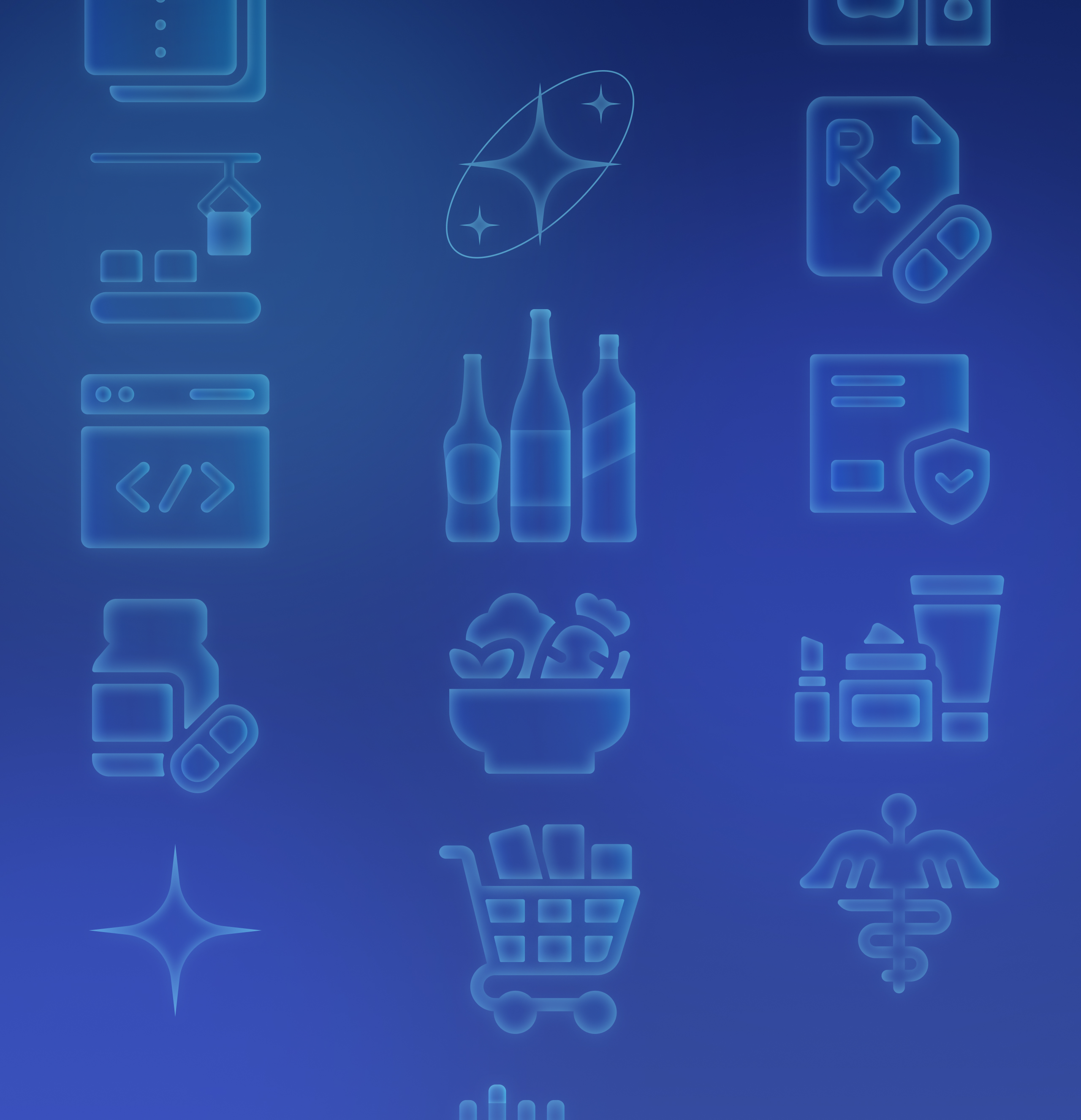 Customertimes custom glassy icons on blue: a code window, bottles, shopping cart, salad bowl, prescription and medical symbols