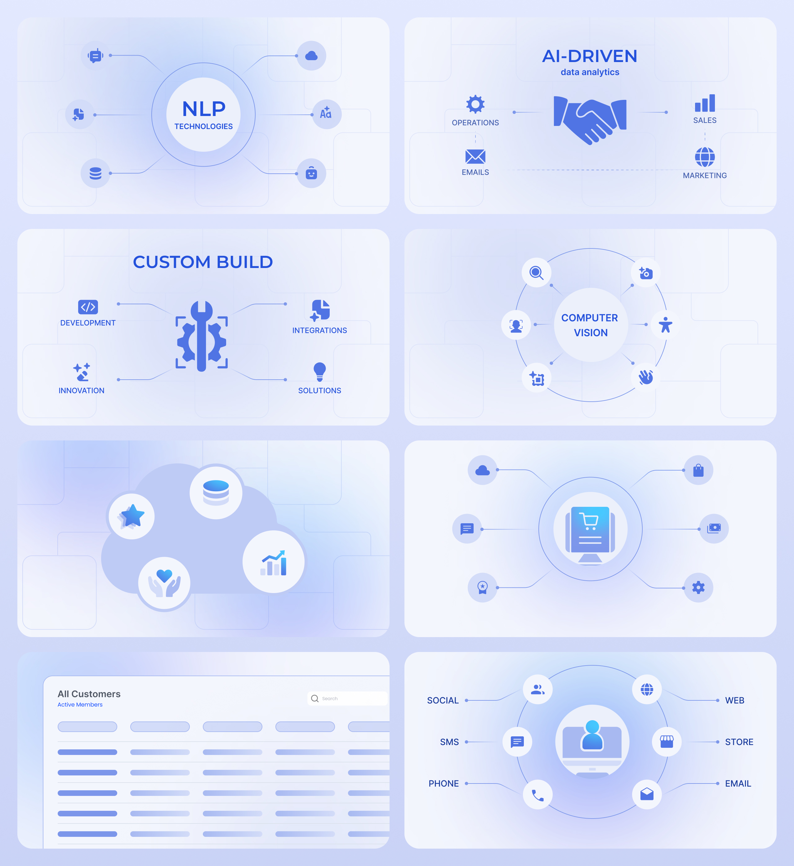 Eight Customertimes illustration cards diagramming NLP, AI analytics, custom build, computer vision, cloud and omnichannel