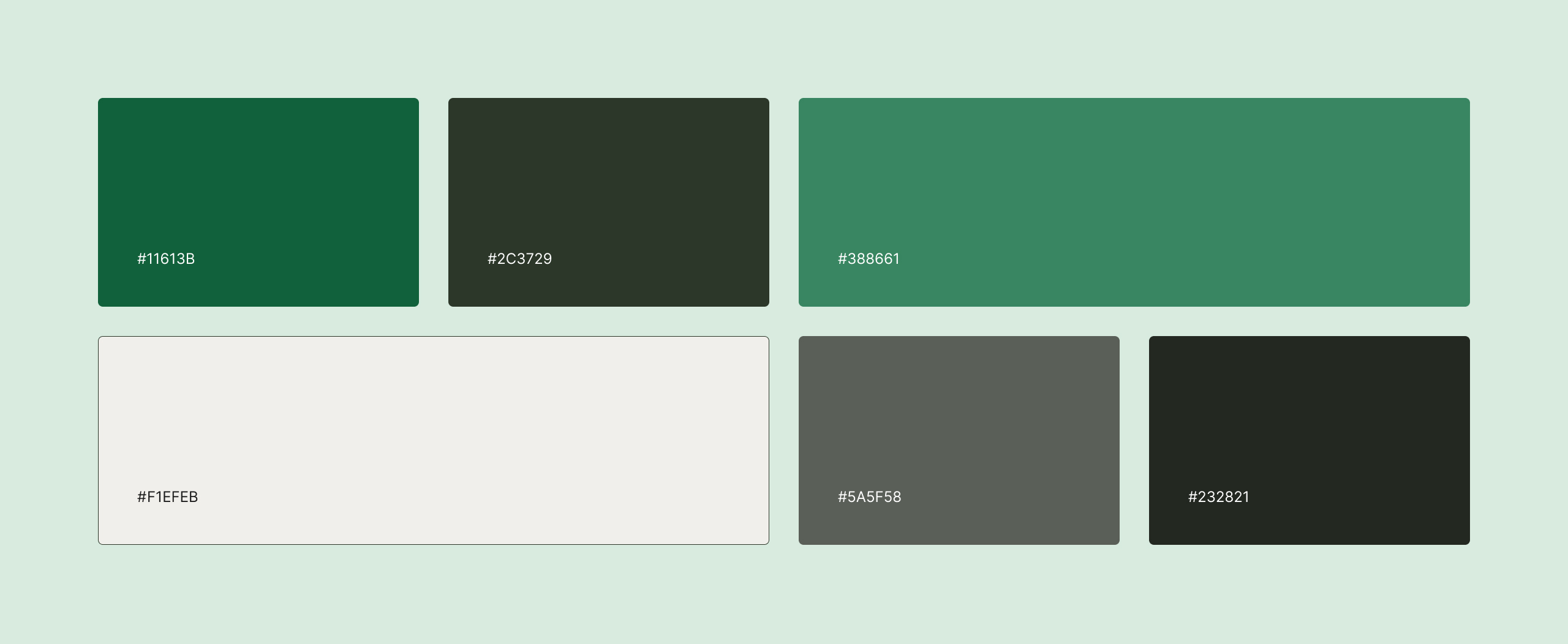 Altera Simeonovo colour palette of six swatches in forest green, dark olive, grey and off-white with hex values