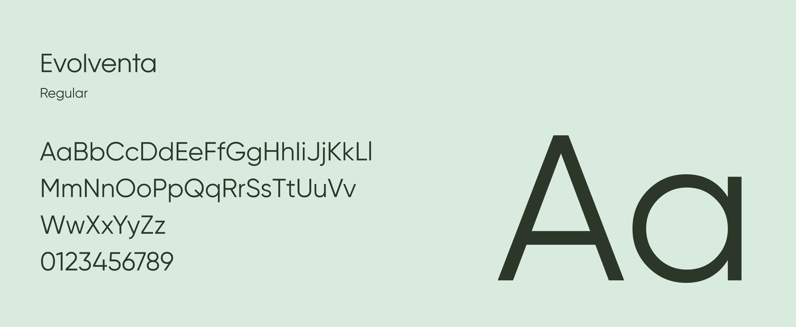 Altera Simeonovo typography specimen for Evolventa Regular, with alphabet, numerals and a large Aa on mint green