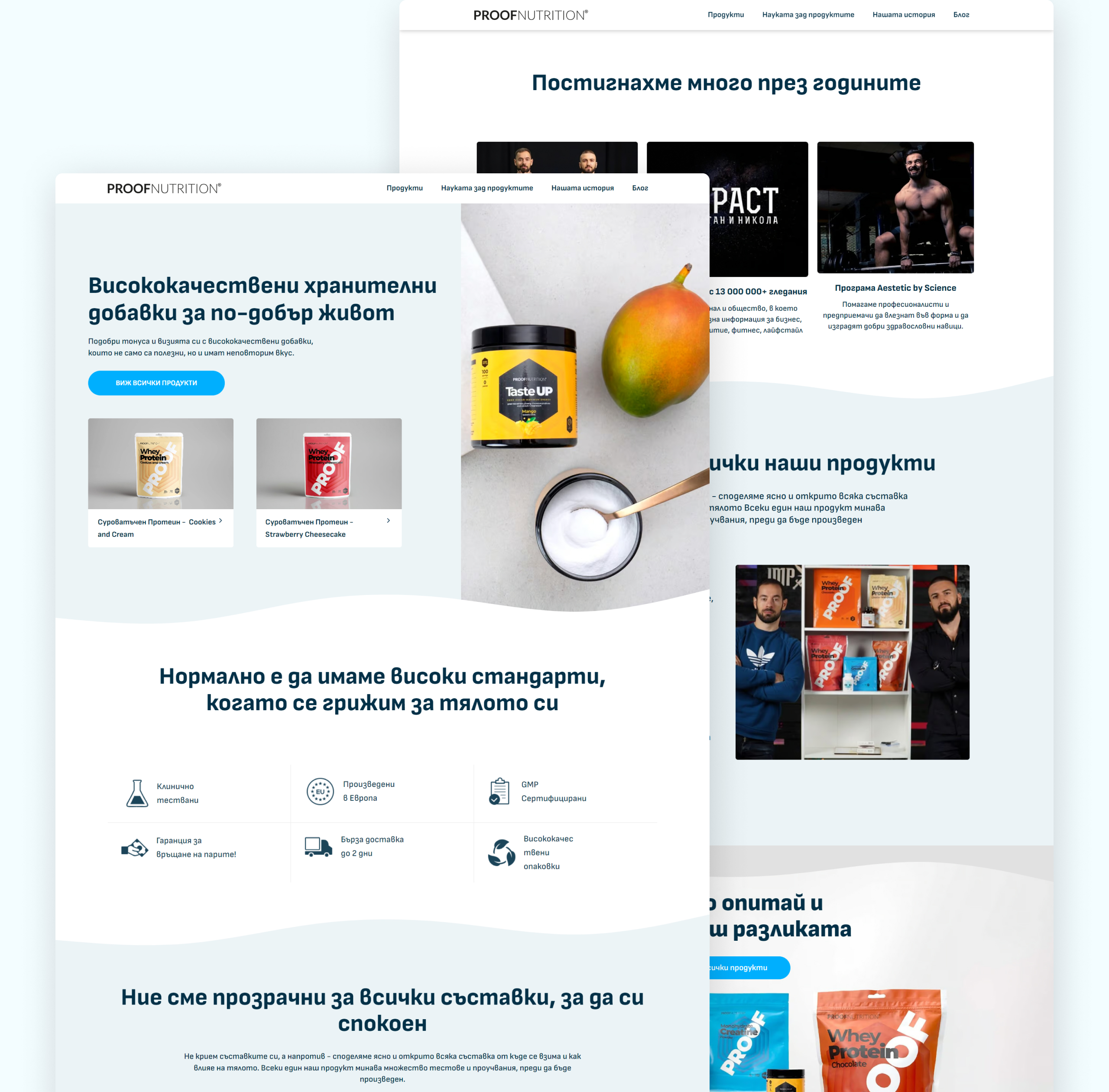 Overlapping Proof Nutrition desktop layouts with the mango and Taste UP hero, a milestones section and product photography