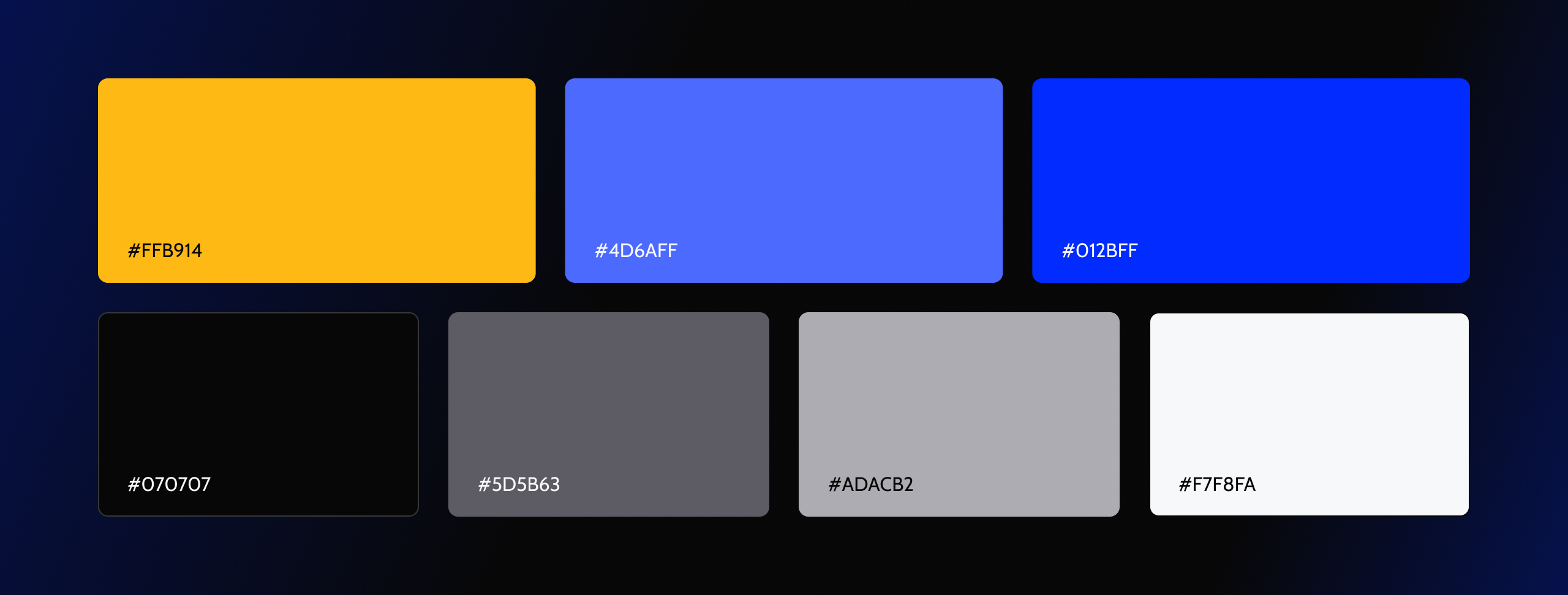 Gauss brand colour palette of seven rounded swatches with hex values, from yellow and blue to black and off-white