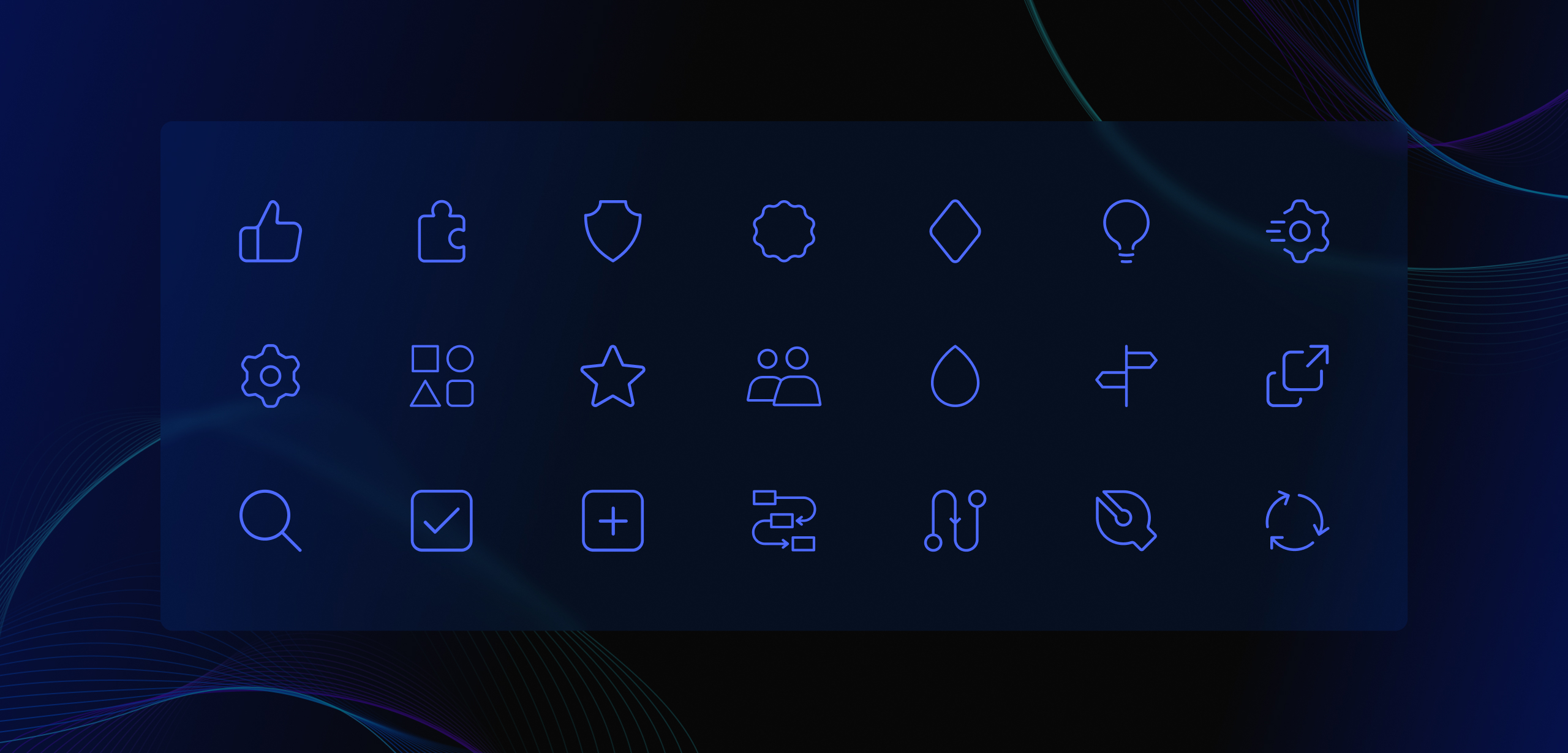 Gauss custom icon set of twenty-one blue line icons on a dark panel, covering people, tools, search and settings