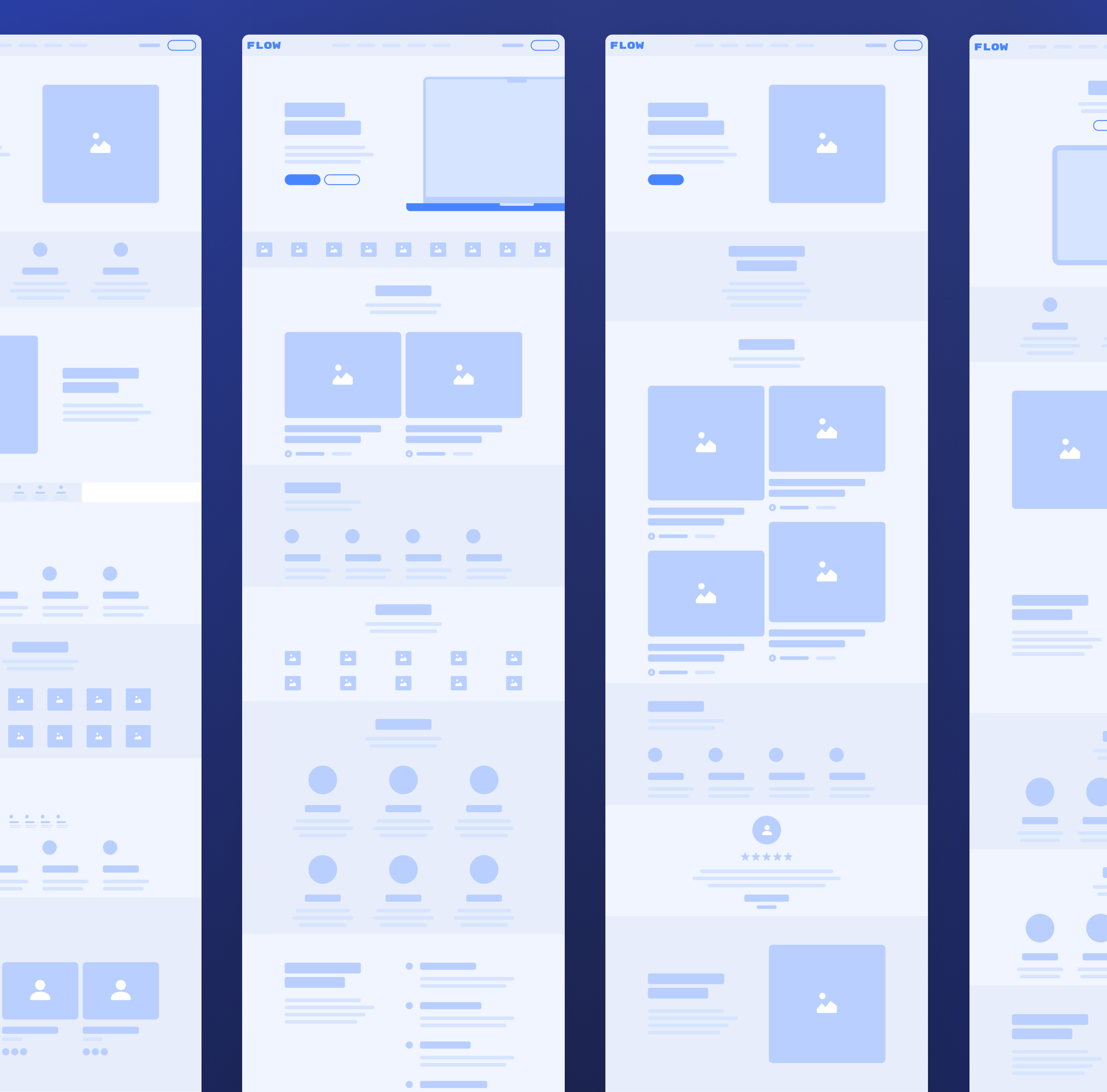 Low-fidelity Gauss wireframes in blue and grey, four long page layouts placed side by side