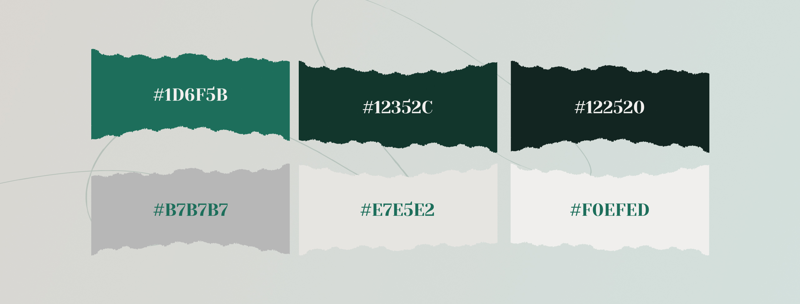 I Can colour palette of six torn-paper swatches with hex values, in deep greens and light neutral greys