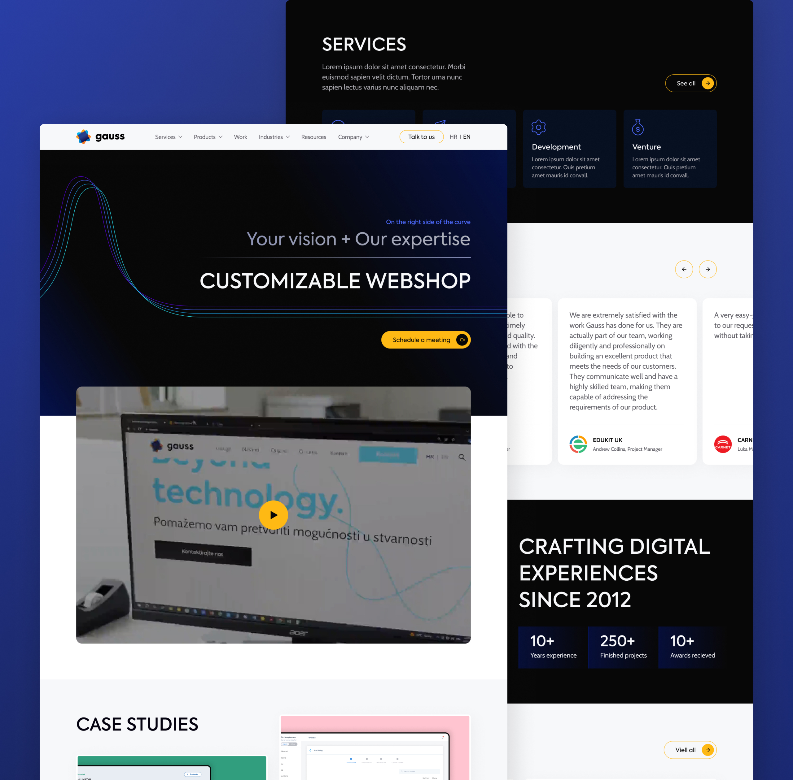 Gauss homepage UI design with the customizable webshop hero, embedded video, services cards and client testimonials