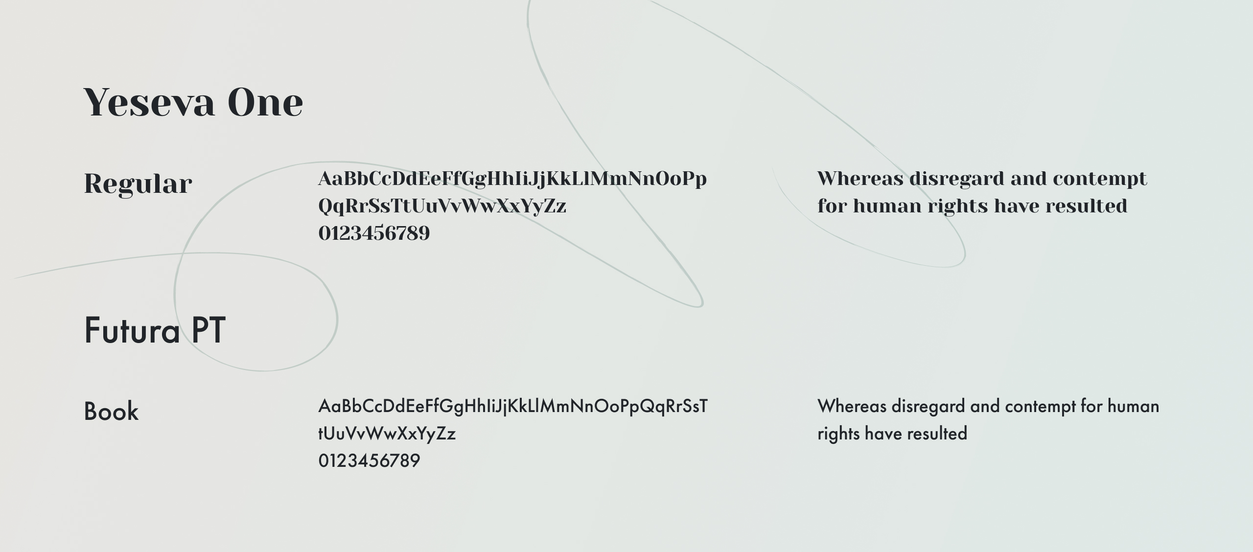 I Can typography sheet pairing the Yeseva One serif with Futura PT, shown with character sets and sample lines