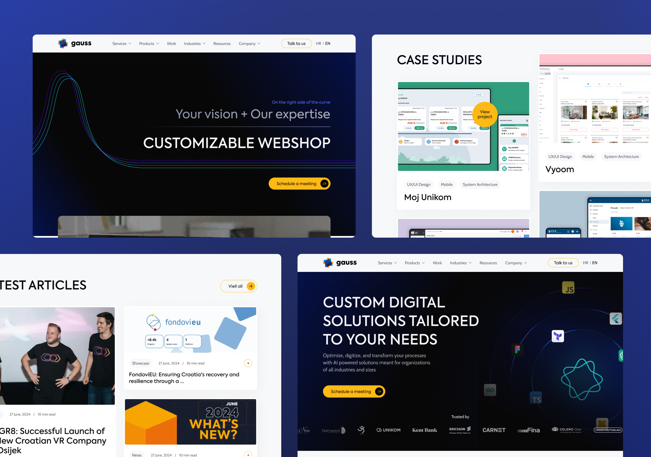 Four Gauss desktop UI sections: the homepage hero, case studies grid, latest articles feed and solutions banner